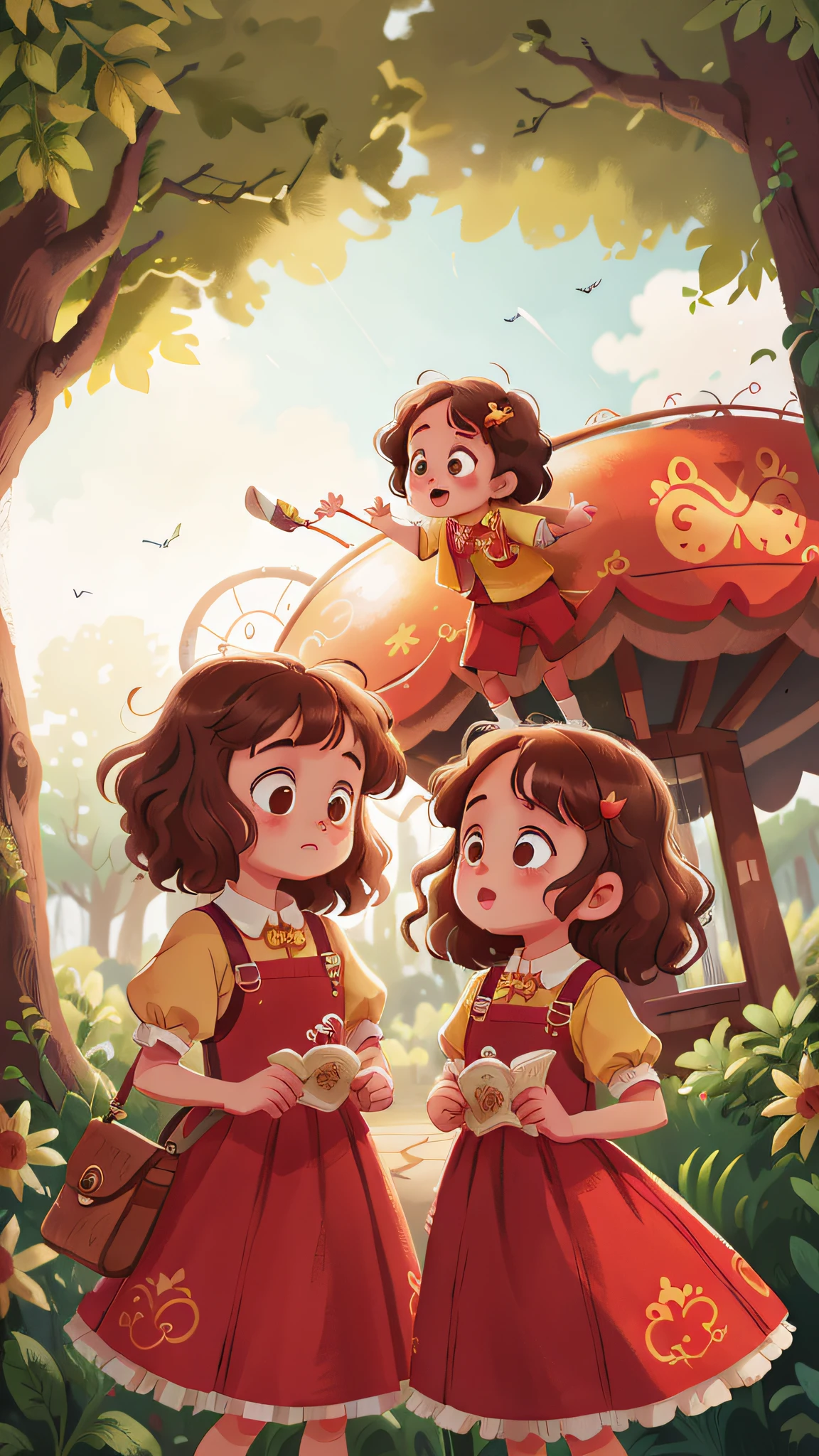 Two girls, twins, curly brown hair, on the park carousel