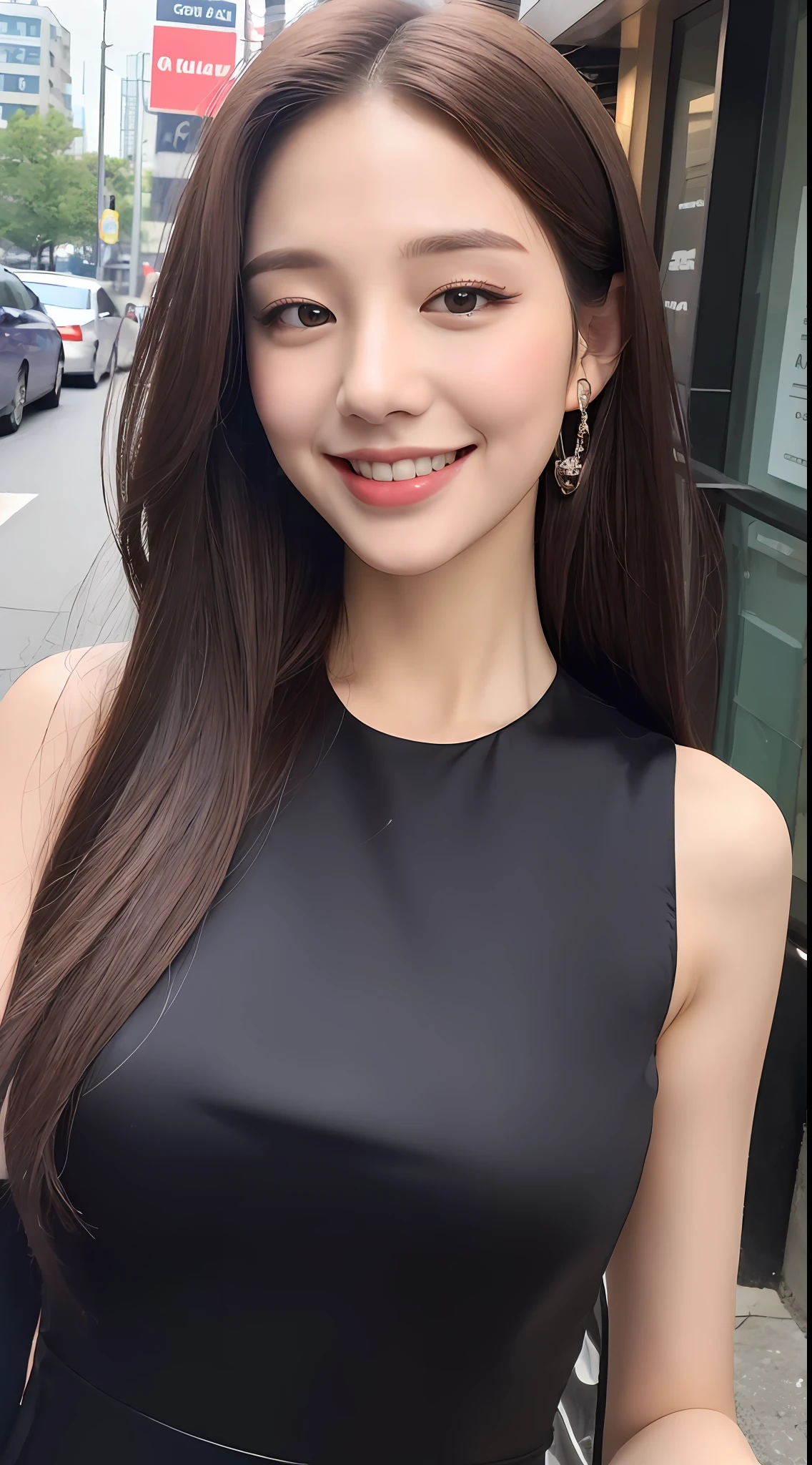 ((Best quality, 8k, Masterpiece :1.3)), 1girl, smiling, full body, slim face, Pretty woman, (Dark brown hair), full length dress :1.1, Ultra-detailed face, Detailed eyes, Double eyelid, blur background, slim face, city, outside, street,