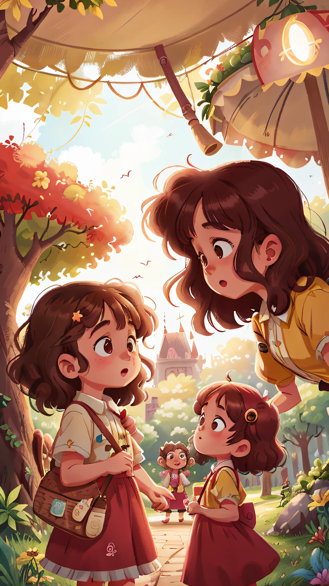 Two girls, twins, curly brown hair, on the park carousel