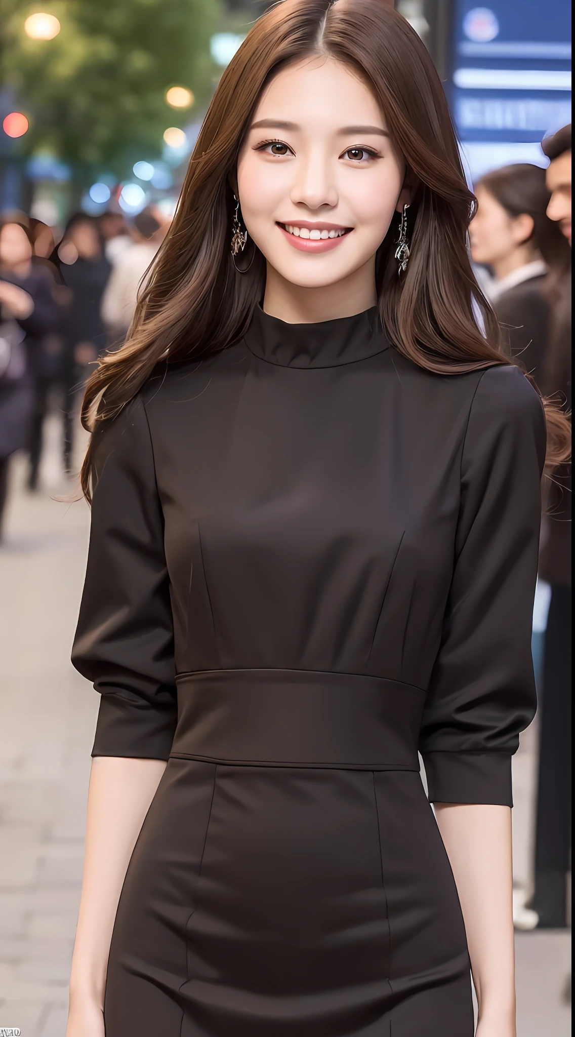 ((Best quality, 8k, Masterpiece :1.3)), 1girl, smiling, full body, slim face, Pretty woman, (Dark brown hair), full length dress :1.1, Ultra-detailed face, Detailed eyes, Double eyelid,  blur background, slim face, city, outside, street,