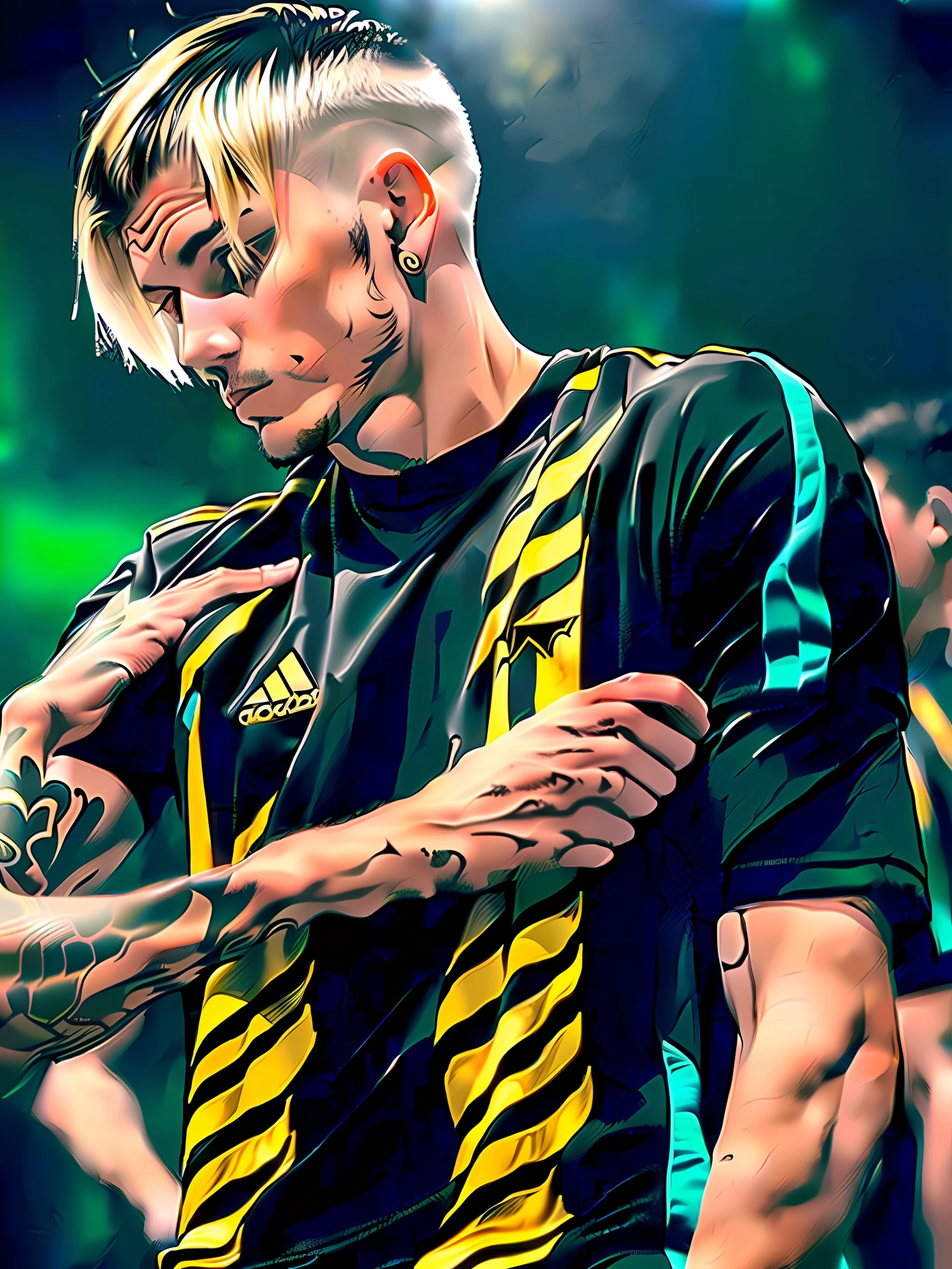 Soccer player (V-cut hair, platinum hair, black T-shirt with gold stripes and blue and green boot)