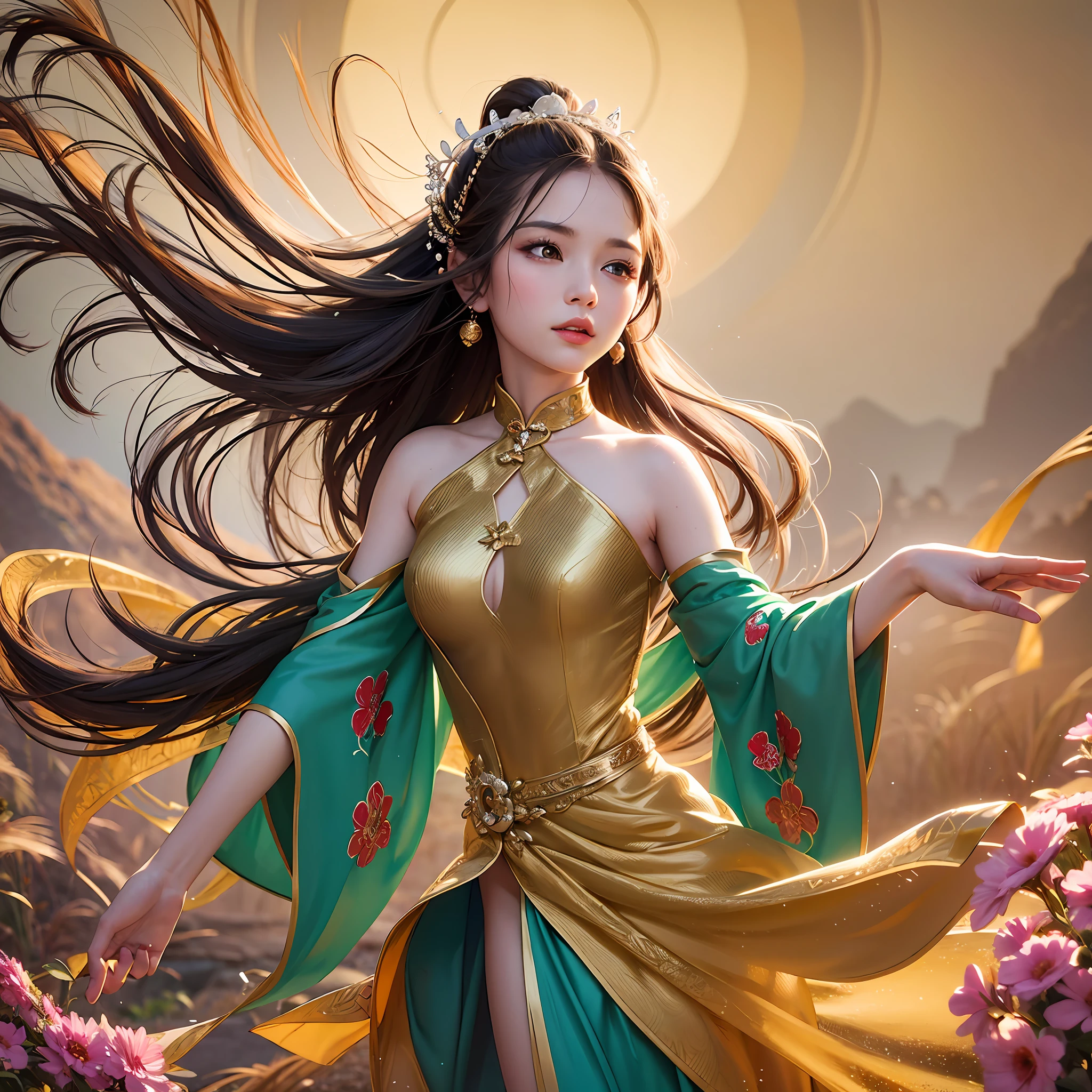 a beautiful young woman standing in a vast field, dressed in a flowing, vibrant ancient Chinese dress. The sun is setting, casting a warm golden glow across the landscape. As she runs through the field, her dress flows behind her like a stream of water, and her hair dances in the wind. Her movements are graceful and fluid, like a dancer. She is surrounded by a sense of wonder and magic as she explores the world around her. Her eyes sparkle with curiosity and her mind is full of endless possibilities.