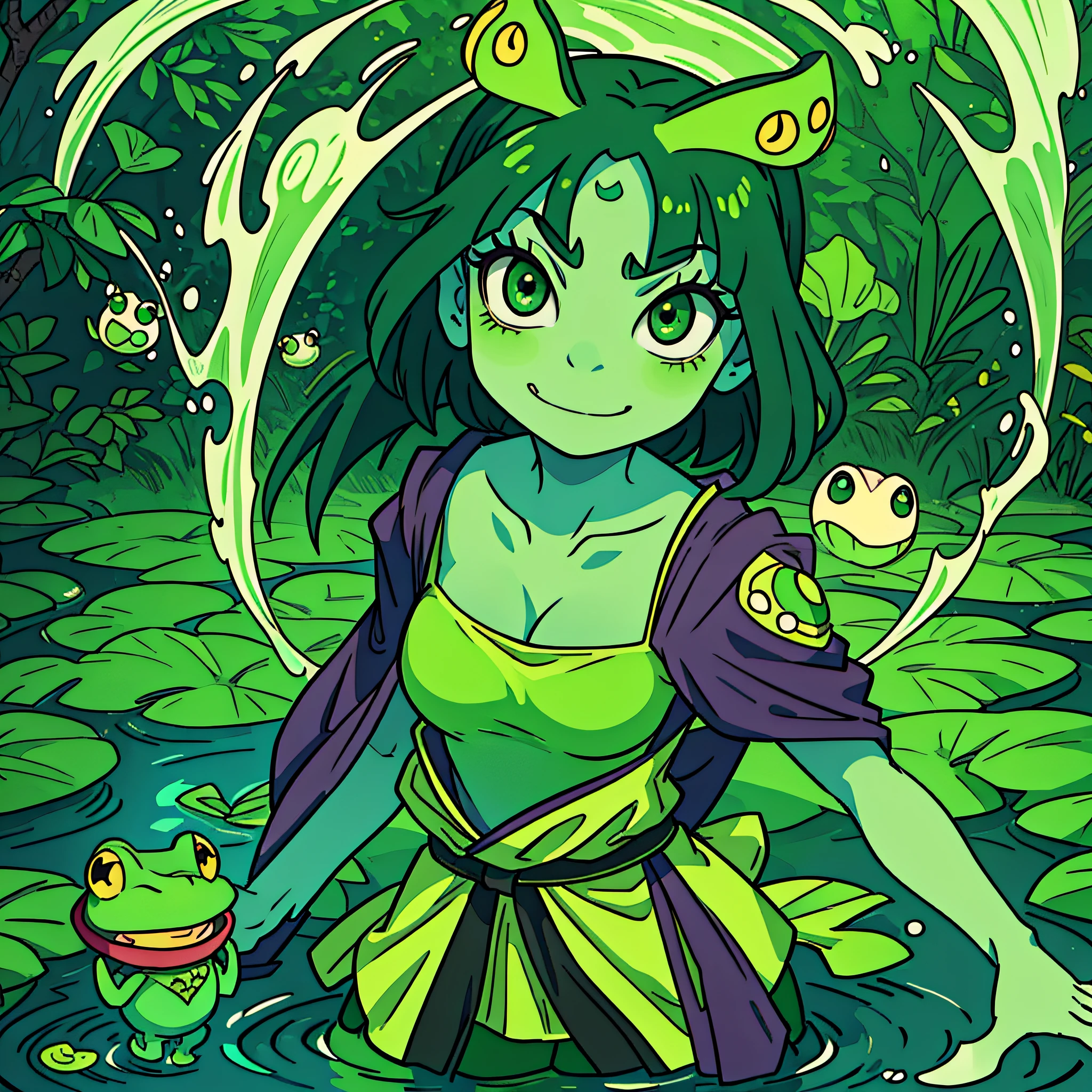 frog woman, green skin, big eyes, katana sheathed to her back, smug mouth, jagged eyes, in a pond, on top of a humongous Lili pad in a froggy pose