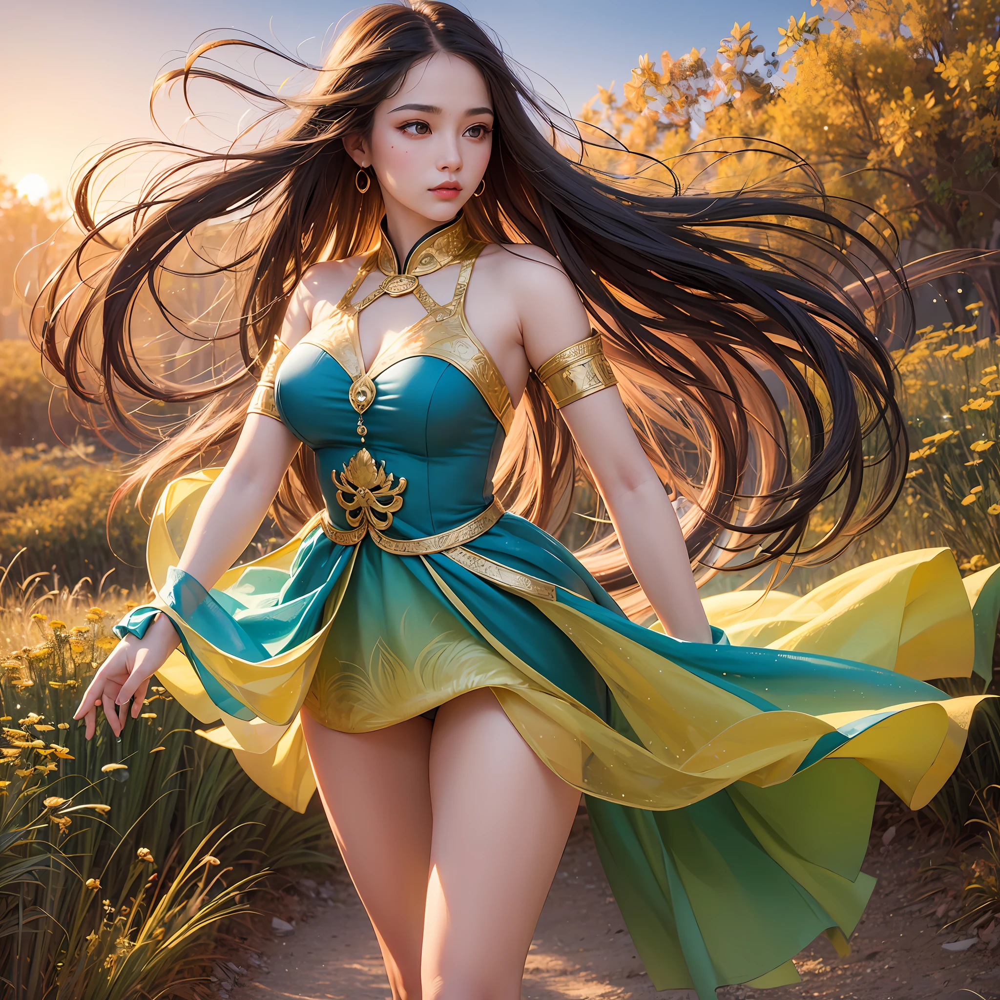 a beautiful young woman standing in a vast field, dressed in a flowing, vibrant ancient Chinese dress. The sun is setting, casting a warm golden glow across the landscape. As she runs through the field, her dress flows behind her like a stream of water, and her hair dances in the wind. Her movements are graceful and fluid, like a dancer. She is surrounded by a sense of wonder and magic as she explores the world around her. Her eyes sparkle with curiosity and her mind is full of endless possibilities.