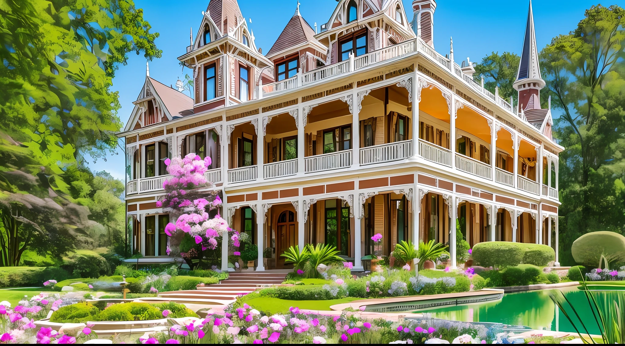 Beautiful Victorian estate with columns and turrets, around a magnificent flowering garden, roses and lilies, a pond, a sunny day, bright colors, maximum quality, --auto --s2