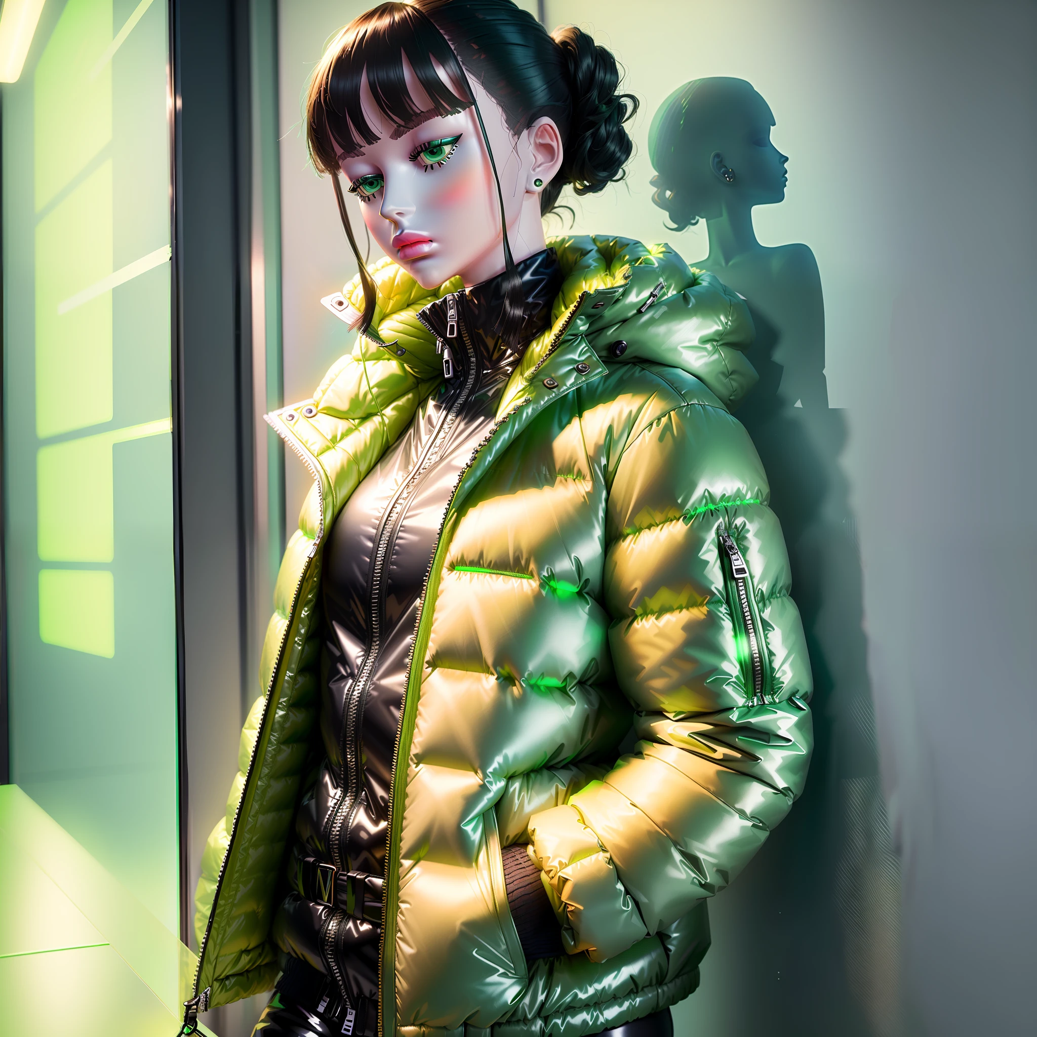 ((Totally invisible mannequin)) wearing (Balenciaga style jacket) ((puffer oversized: 1.5)) (green jacket: 1.5, vivid color, neon),being photographed in , ultra realistic studio photo setting, (black background), Best quality, masterpiece, hd.
