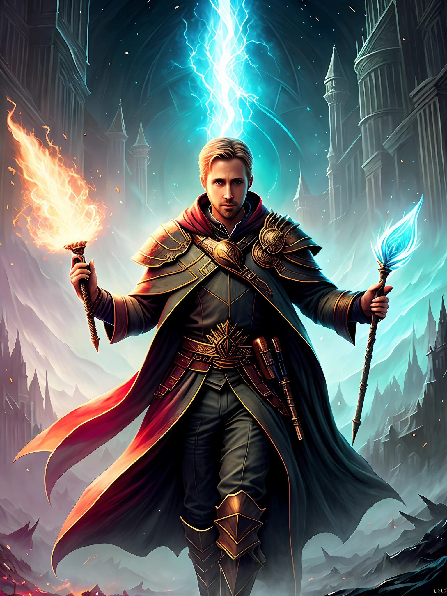 Ryan Gosling in wizard robes, cryomancer, D&D art, fantasy art, by Seb McKinnon, detailed, trending on ArtStation, Magic: The Gathering