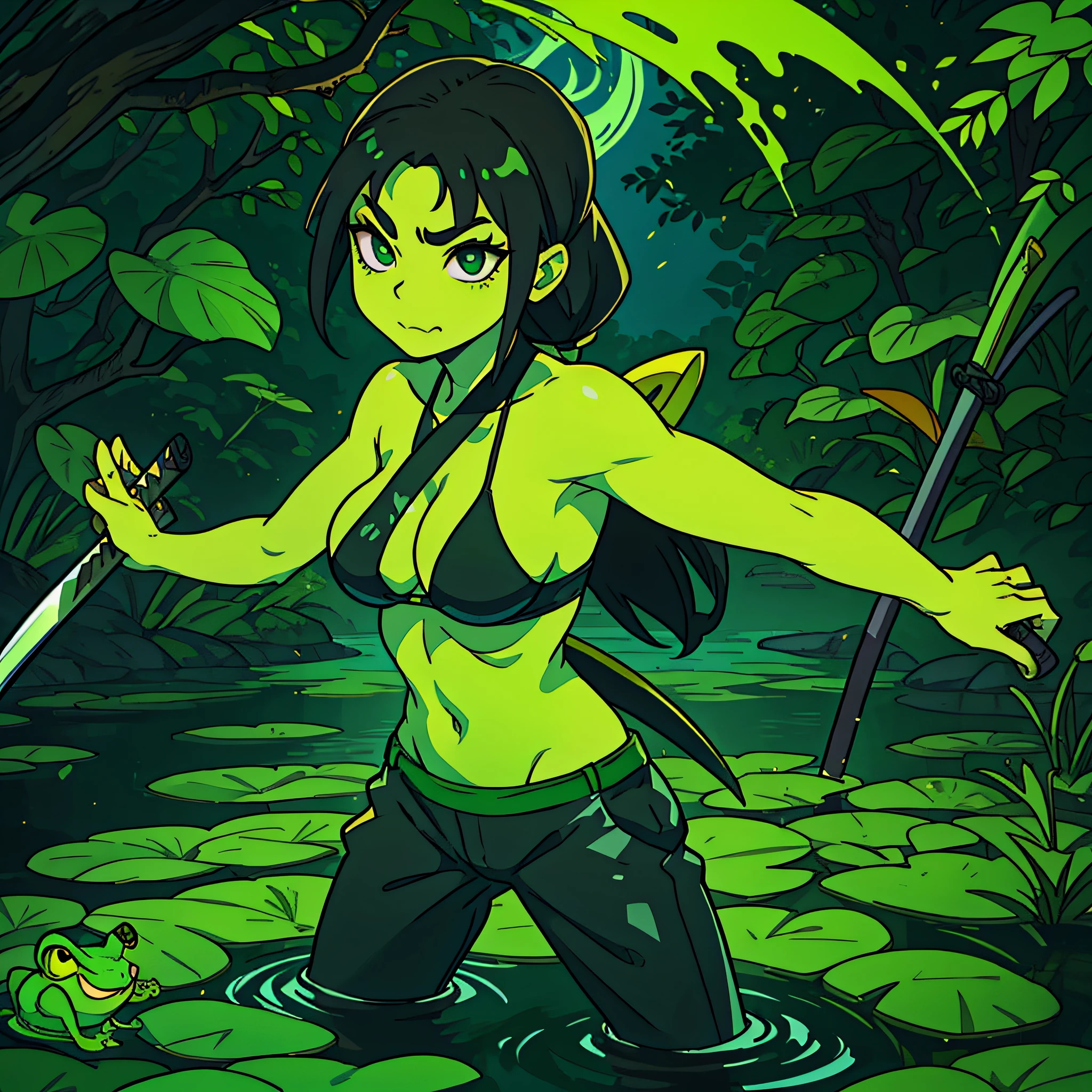 frog woman, green skin, big eyes, katana sheathed to her back, smug mouth, jagged eyes, in a pond, on top of a humongous Lili pad in a ninja pose