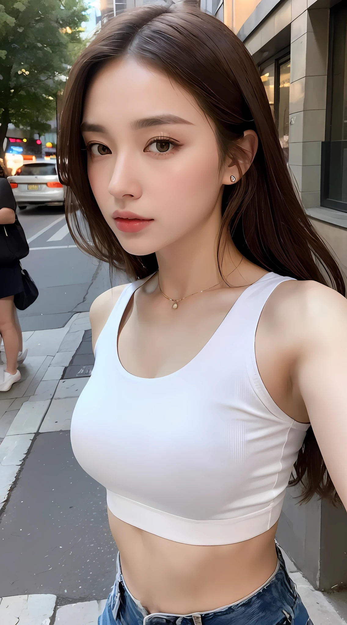 ((Realistic lighting, Best quality, 8K, Masterpiece: 1.3)), Clear focus: 1.2, 1girl, Perfect Figure: 1.4, Slim Abs: 1.1, ((Dark brown hair)), (White crop top: 1.4), (Outdoor, Night: 1.1), City streets, Super fine face, Fine eyes, Double eyelids,