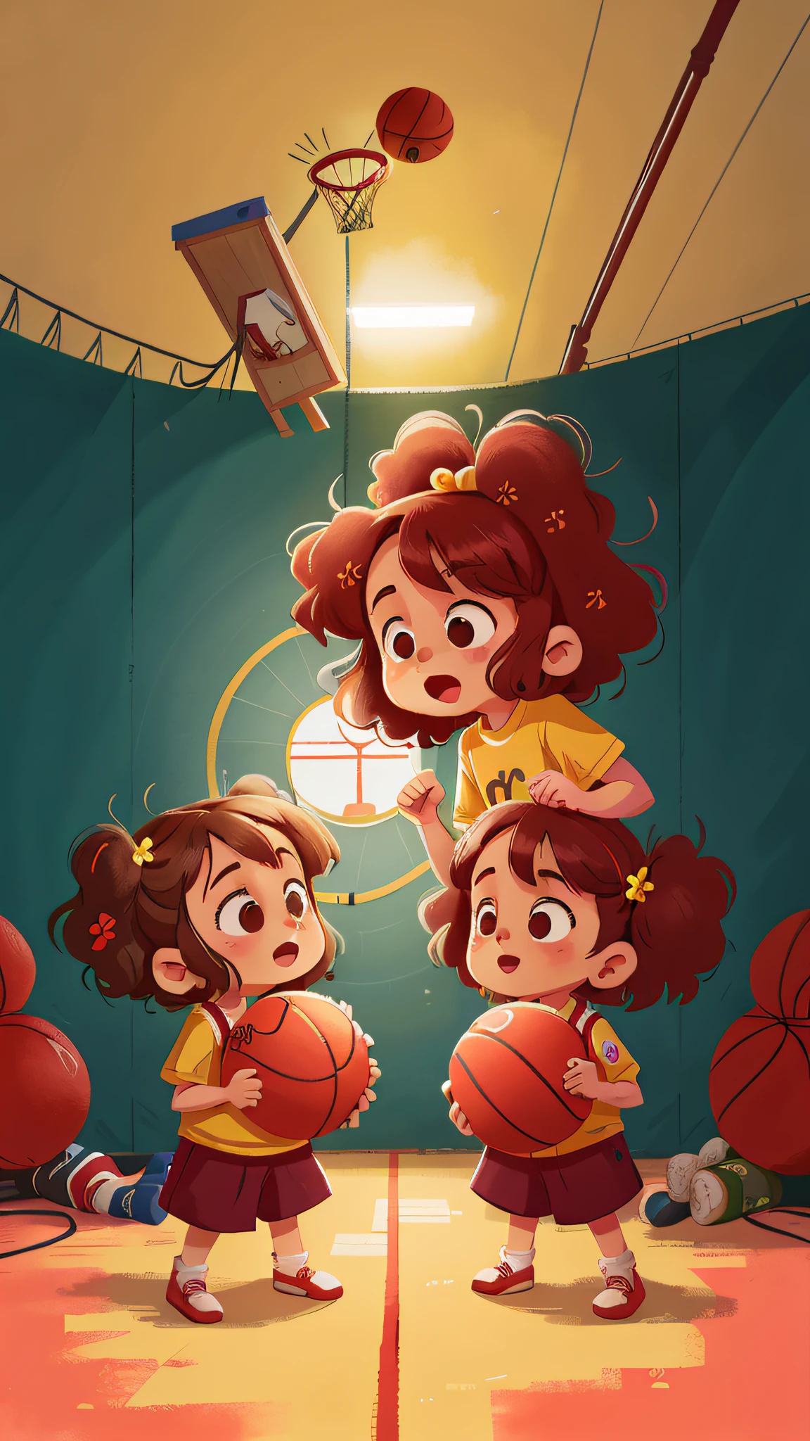 Two girls, twins, curly brown hair, playing basketball