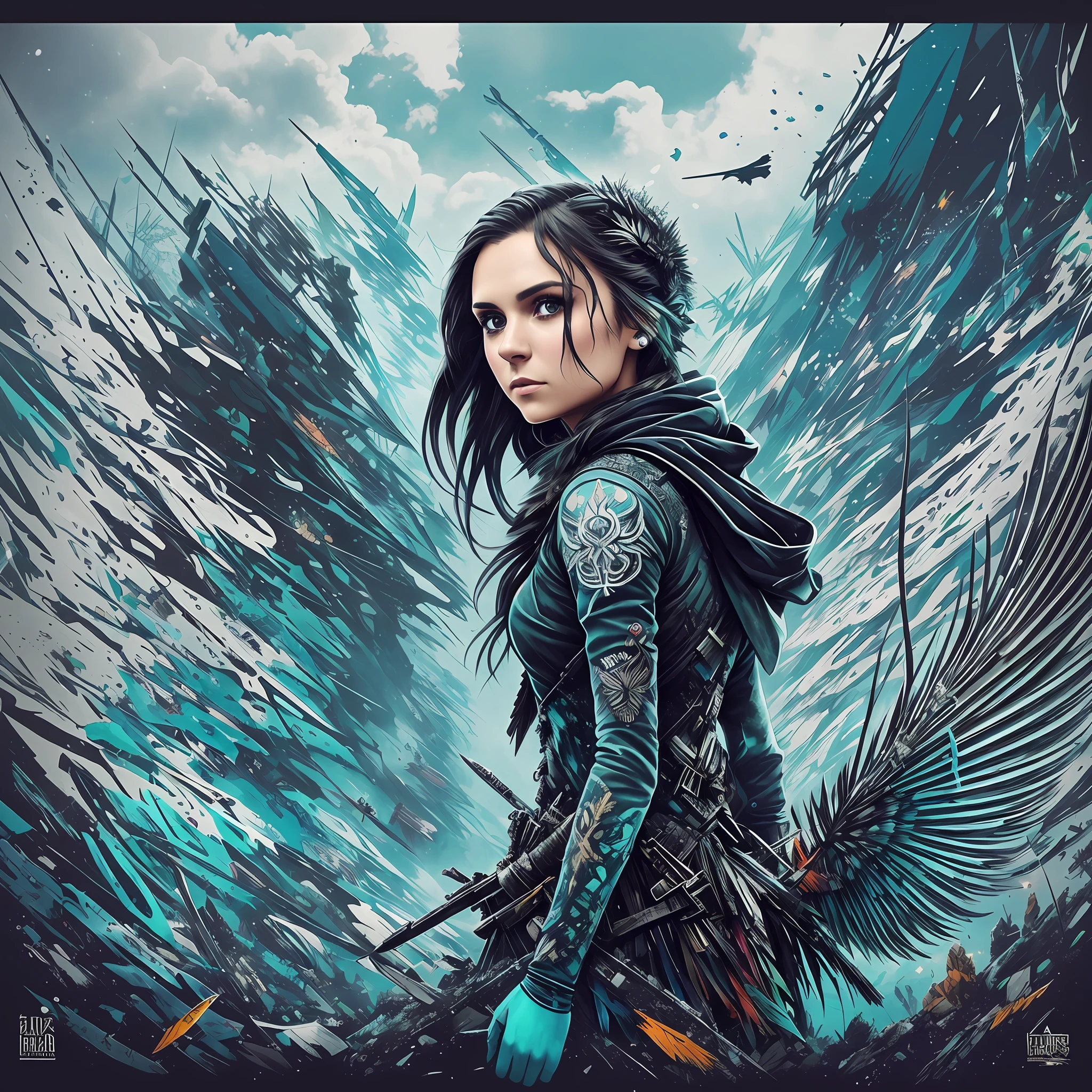 an actress Nina dobrev with multicolored splats and blue splashes, in the style of album covers, frostpunk, life-like avian illustrations, intricate black and white illustrations, slender, cloudcore, green --auto --s2