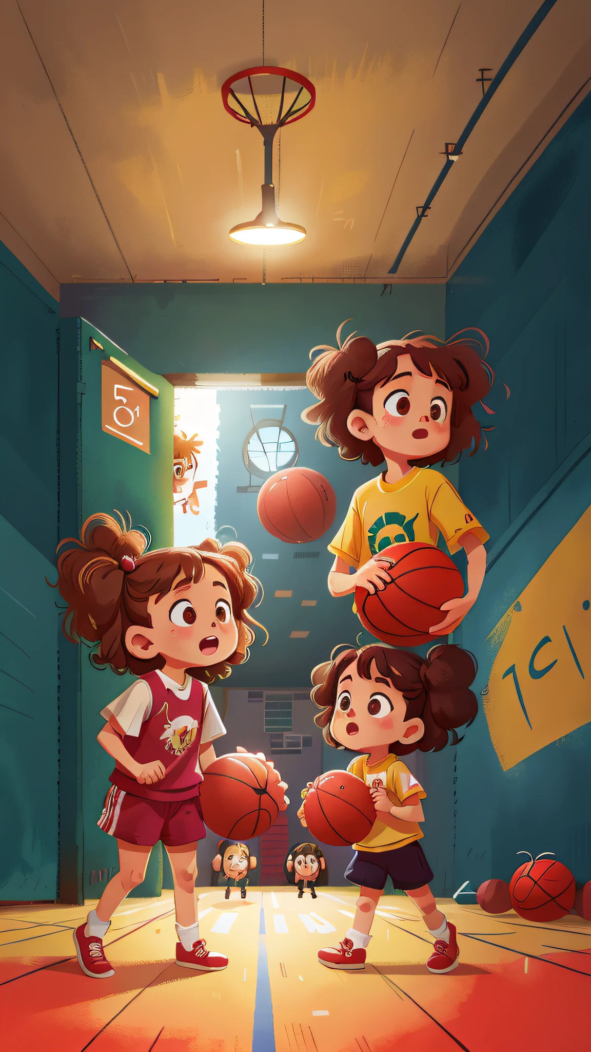 Two girls, twins, curly brown hair, playing basketball