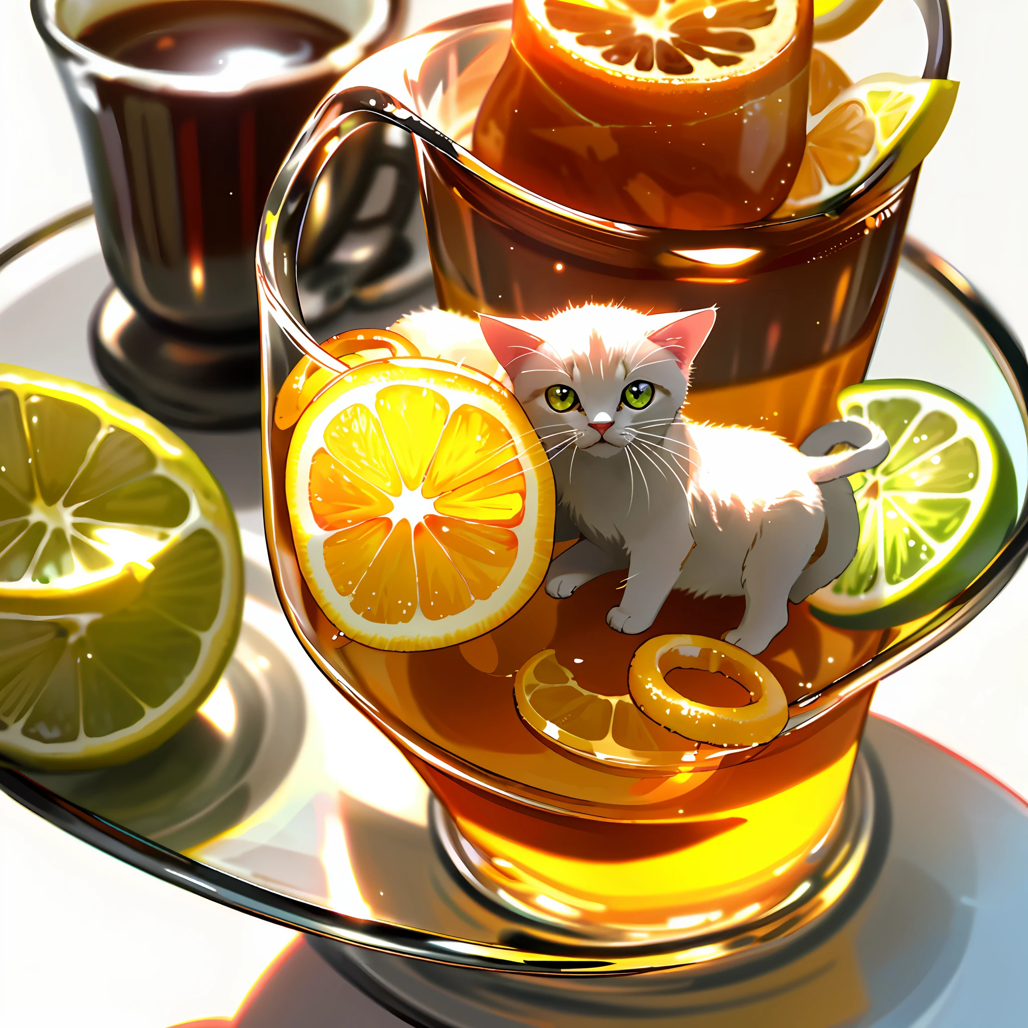 There is a realistic glass cup on a white desk, filled with cider and served with lemon rings. There is a cute kitten.