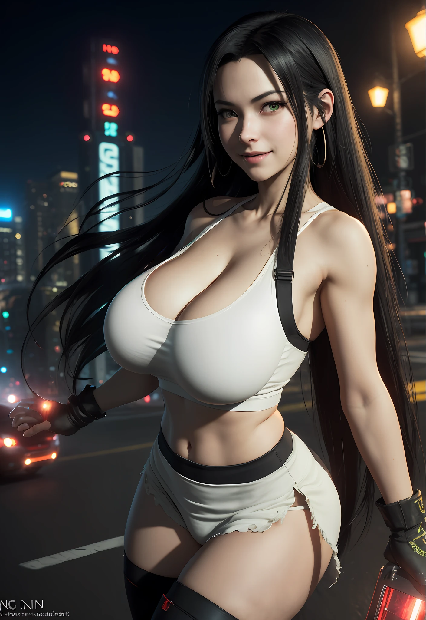 (8k, best quality, masterpiece:1.2), (realistic, photo-realistic:1.37), ultra-detailed, 1 girl,cute, solo, (tifa lockhart), (????????????),(beautiful detailed eyes), (smile:1.2), (closed mouth), ?????? pose, dancing, neon lights, cityscape, depth of field, dark intense shadows, sharp focus, cars, motion blur, motor bikes, depth of field, good composition, green glowing light, Final Fantasy VII, dating,(nose blush), single elbow pad, ankle boots, black hair,  black thighhighs, red boots, elbow gloves, elbow pads, fingerless gloves, taut shirt, sports bra, (suspender black skirt), thighhighs, (white tank top:1.2), full body, head rest, lips, pretty face, long black hair hair, ((red eyes:1.2)), yellow flowers, (night), intricate, bokeh, cinematic lighting, photon mapping, radiosity, physically-based rendering, (Tetsuya Nomura style) (????????????:1.5)