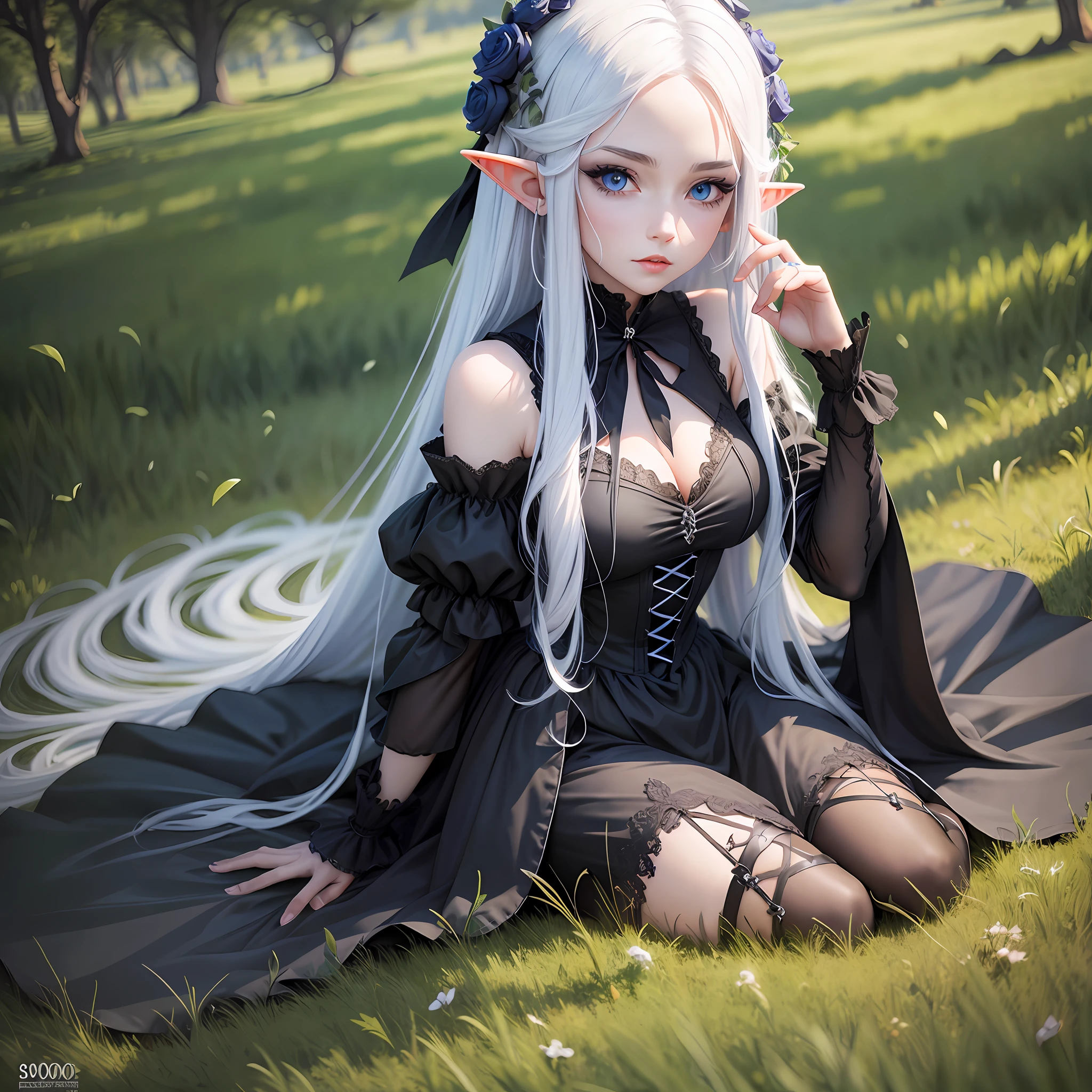 Beautiful elf girl, black gothic dress, Field landscape, blue eyes, long white hair, 90's anime