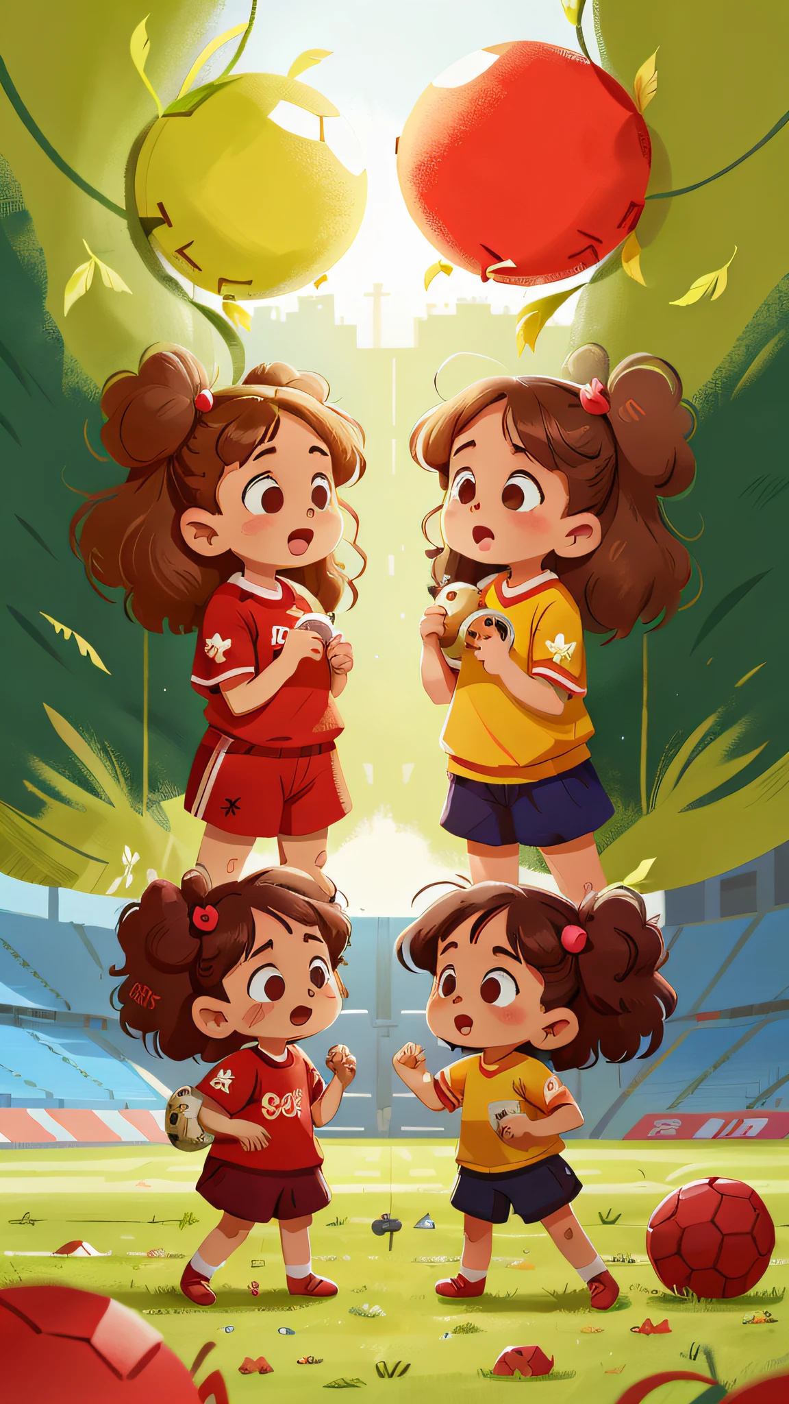 Two girls, twins, curly brown hair, fighting from football
