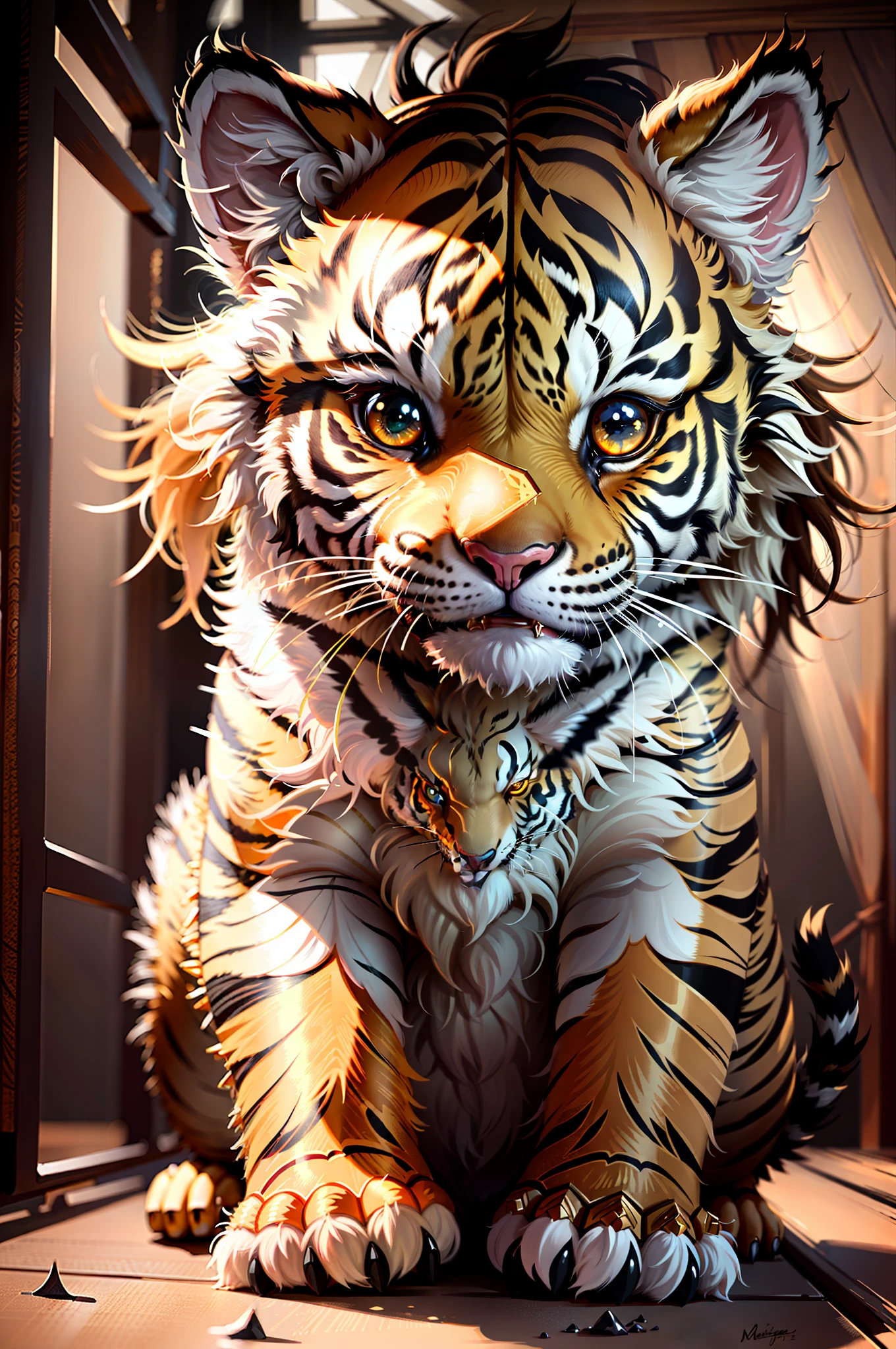 Very detailed, intricate details, dynamic lighting, realism, cinematic, natural lighting, m0nst3rfy3, tiger cub, golden glowing eyes, smile, :P, (fluffy: 1.2), water dew