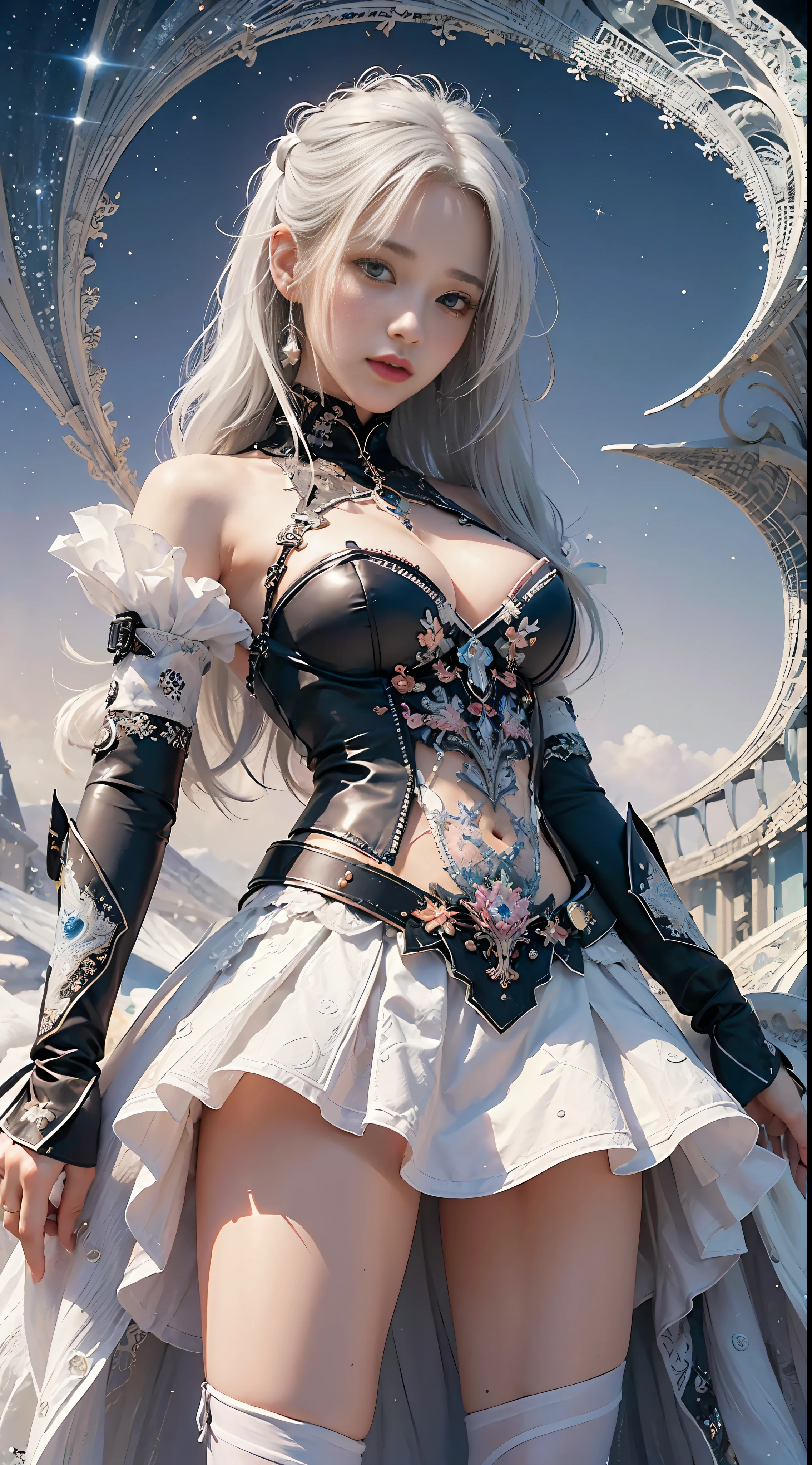 (sexual innuendo,masterpiece, top quality, best quality, official art, beautiful and aesthetic:1.2), (1girl), extreme detailed,(fractal art:1.3), colorful, highest detailed, white hair, white skirt, miniskirt,micro skirt,white gloves