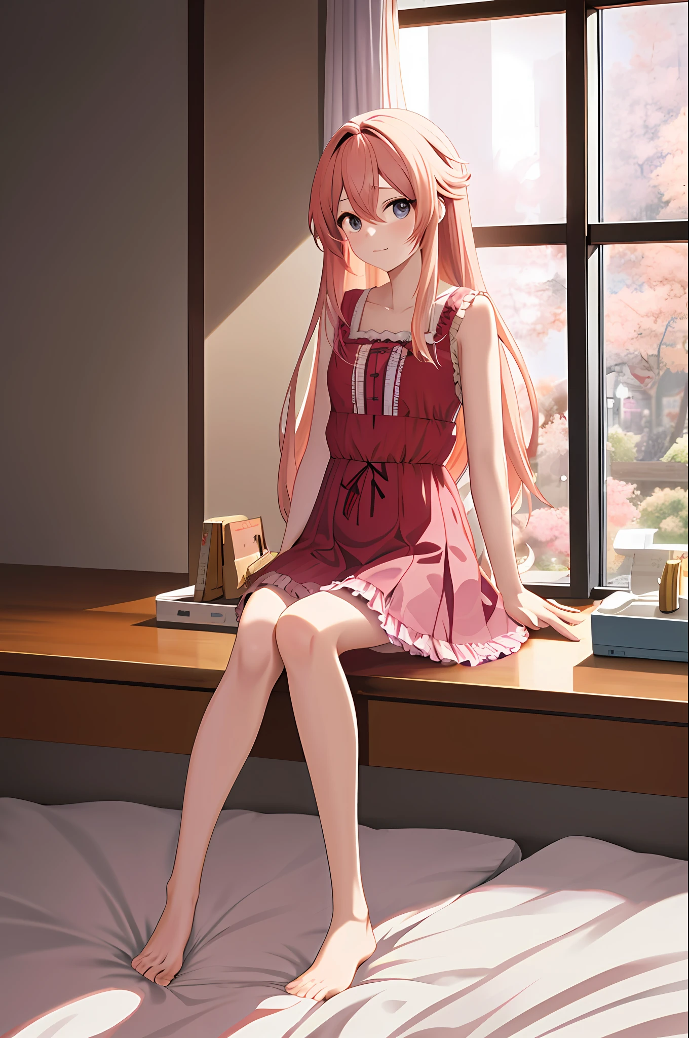 anime girl sitting on a bed in a room with a window, an anime drawing by Shitao, pixiv, rococo, best anime 4k konachan wallpaper, seductive anime girl, loli in dress, 4k anime wallpaper, anime art wallpaper 8 k, anime art wallpaper 4 k, anime art wallpaper 4k, anime wallpaper 4 k