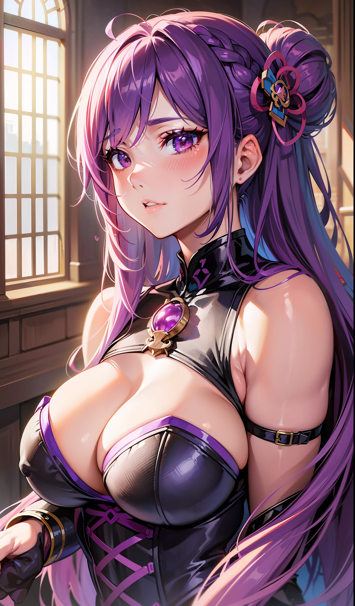 a close up of a woman in a corset with purple hair, anime goddess, seductive anime girl, extremely detailed artgerm, ayaka genshin impact, guweiz, breasts covered and sfw, detailed anime artwork, detailed digital anime art, beautiful alluring anime woman, wlop and krenz cushart, detailed anime art, sfw huge breasts