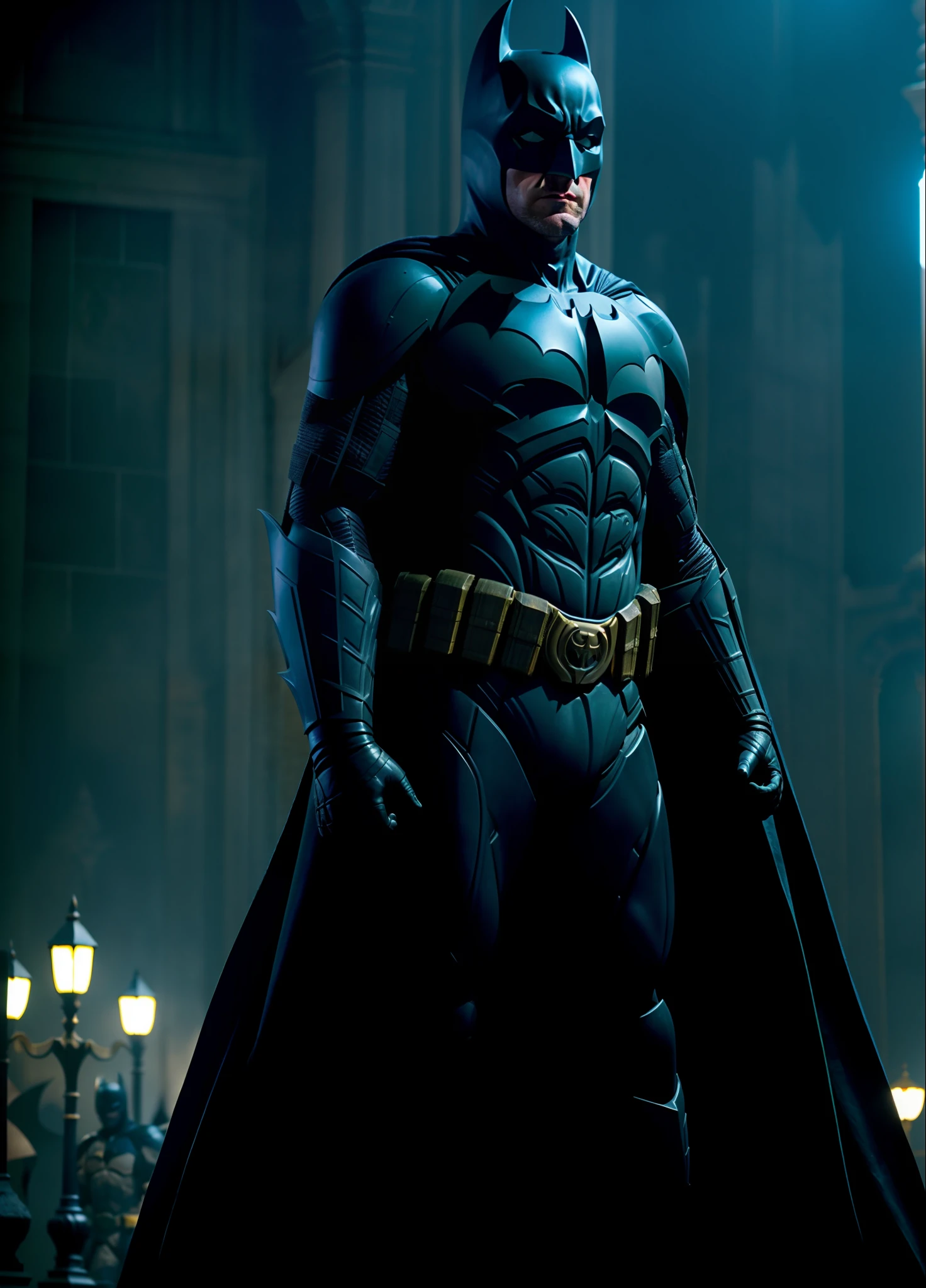 Statue of the Dark Knight Batman in full costume, from the Batman movie, in Batman Arkhan, in the still cinematic batman movie, Batman Robert Pattinson movie, Batman, Christian Bale full body shot.