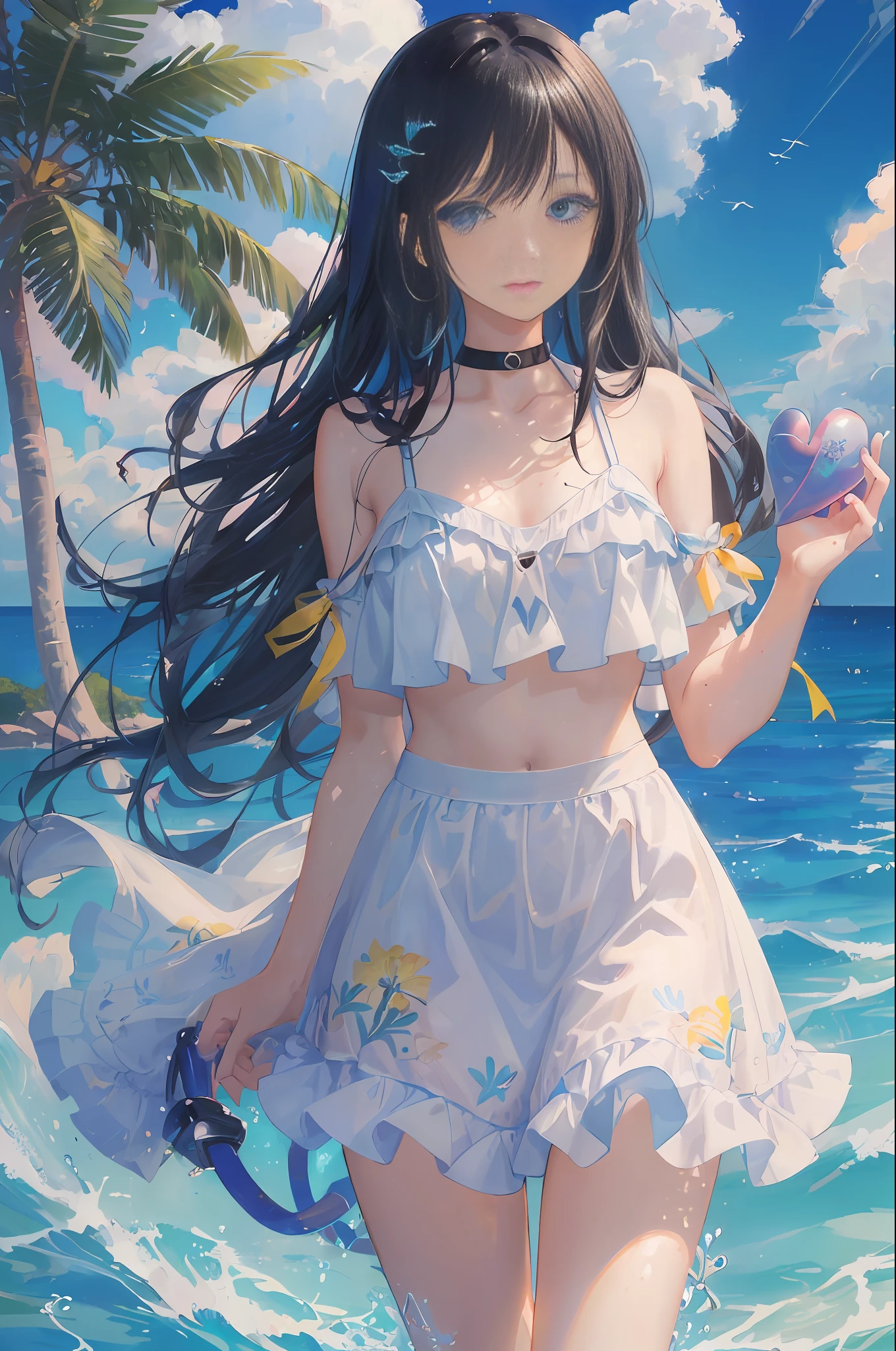 art by Cornflower, dreamy, (A beautiful, aged, anime-style girl with blue eyes and long, black hair, wearing a pale yellow, shiny, long-sleeved, open-chest, long skirt swimming suit with a pink, white, and yellow, heart on it is posing with her hands on her hips, in front of a beach and a bright, blue sky with clouds in it, there are palm trees in the background on both sides of the picture, and there are lots of blue and yellow fish swimming in the ocean, and there is a police helicopter with lights on it flying over the girl)
