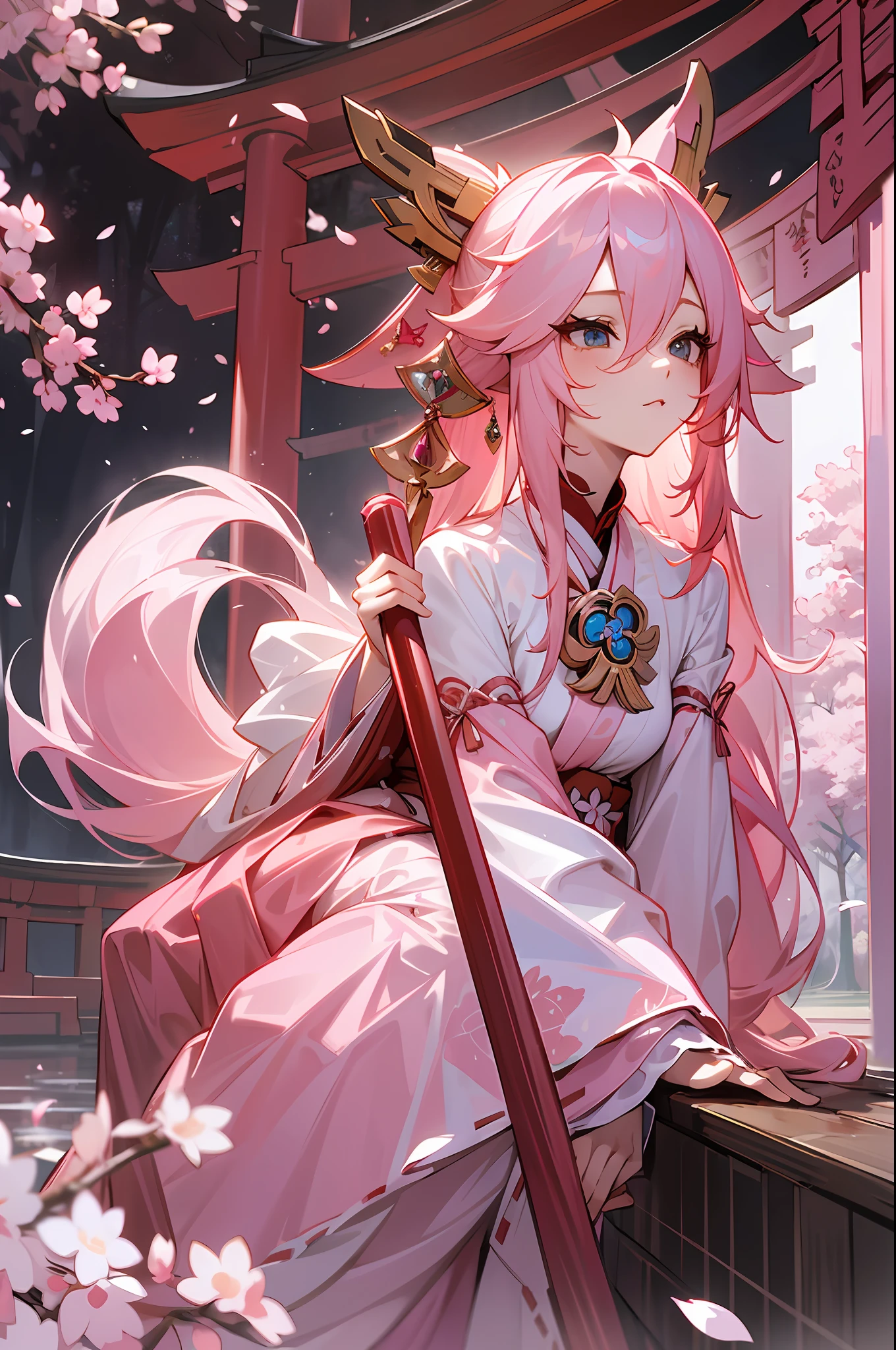 Best Masterpiece 1:1, High Detail, Full Body, A Girl, Pink Hair, Fox Ears, Delicate Jewelry, Hand Tent, Extra Long Hair, Hair tied Up, Simple Background, Pink Long Sleeves, Long Skirt, White, Witch Dress, Exquisite Details, Cherry Blossoms, Torii, Pond, Yae Miko --auto --s2