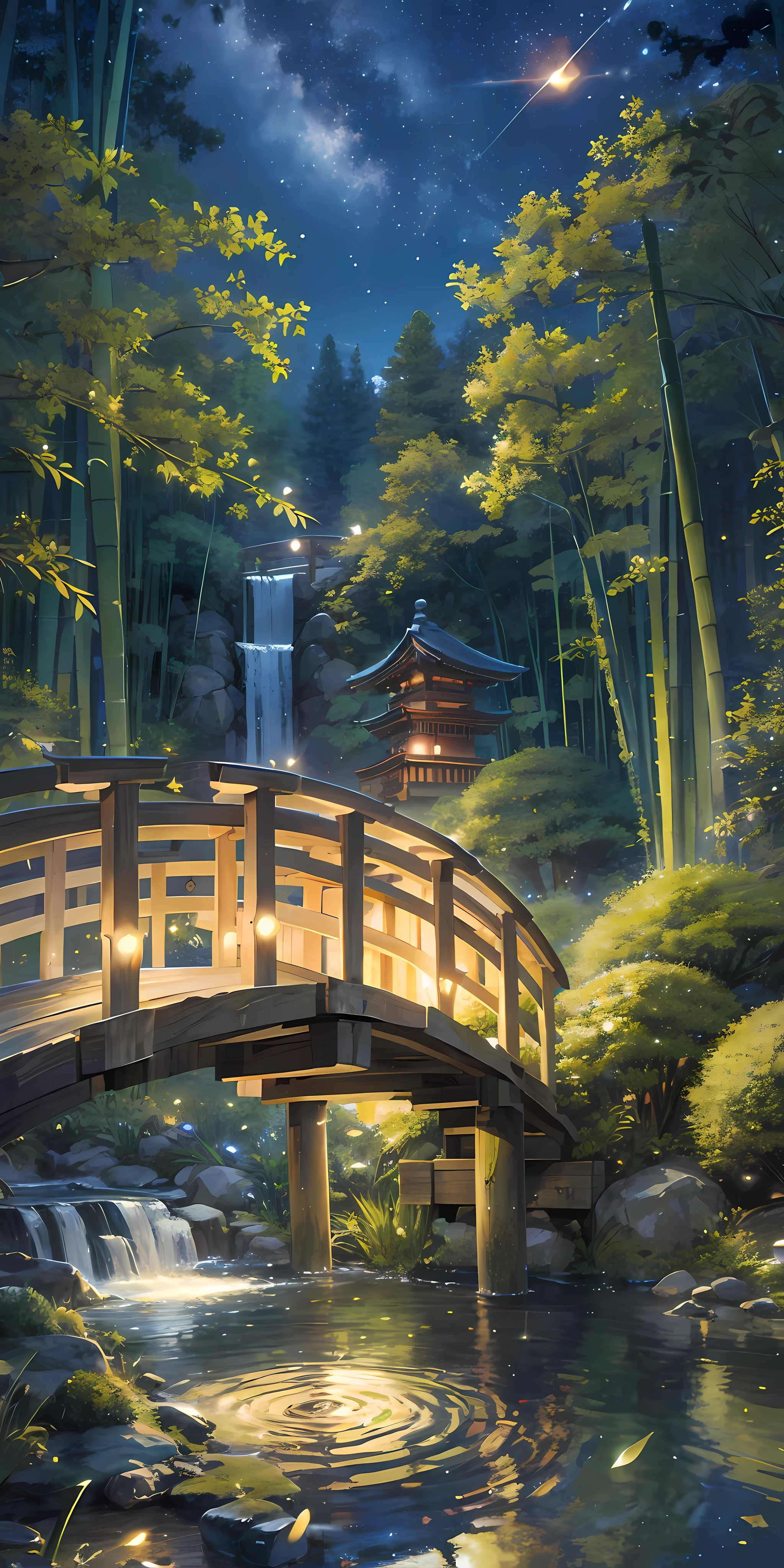 Japanese garden, small bridge and flowing water, night starry sky, summer night sky, fireflies, bamboo forest, extreme details, realistic light, epic composition, (complex details), (complex design, ultra-detail: 1.2), art station, (Masterpiece, Best Quality), Ultra HD, 32k