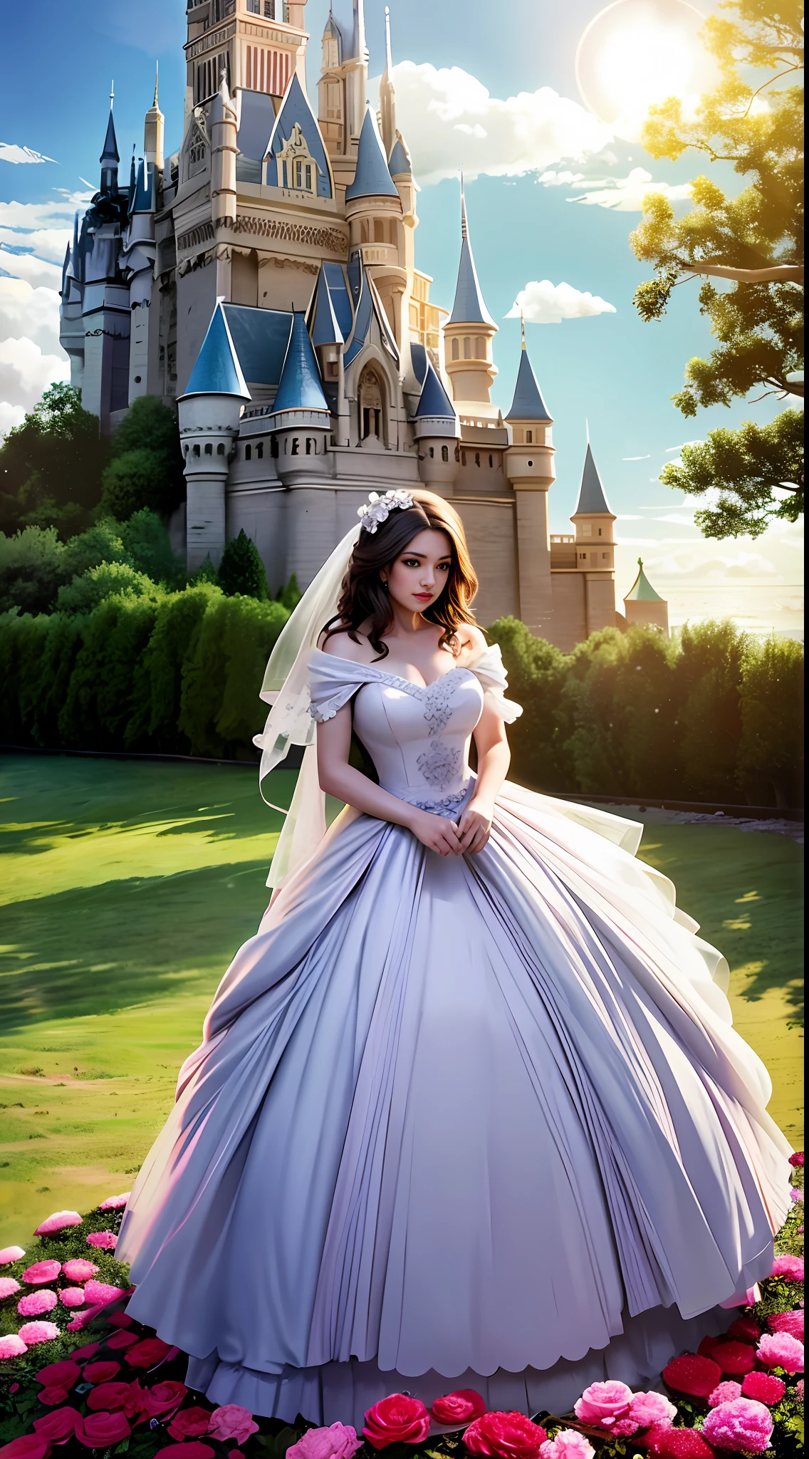 castle, flowers, exquisite scene, sky, white clouds, flowers rose, sun, diamond crystal, on the beach, fantasy, sky night, moon, smoke, fire, photos, hd, 8K, a beautiful girl, standing on the beach