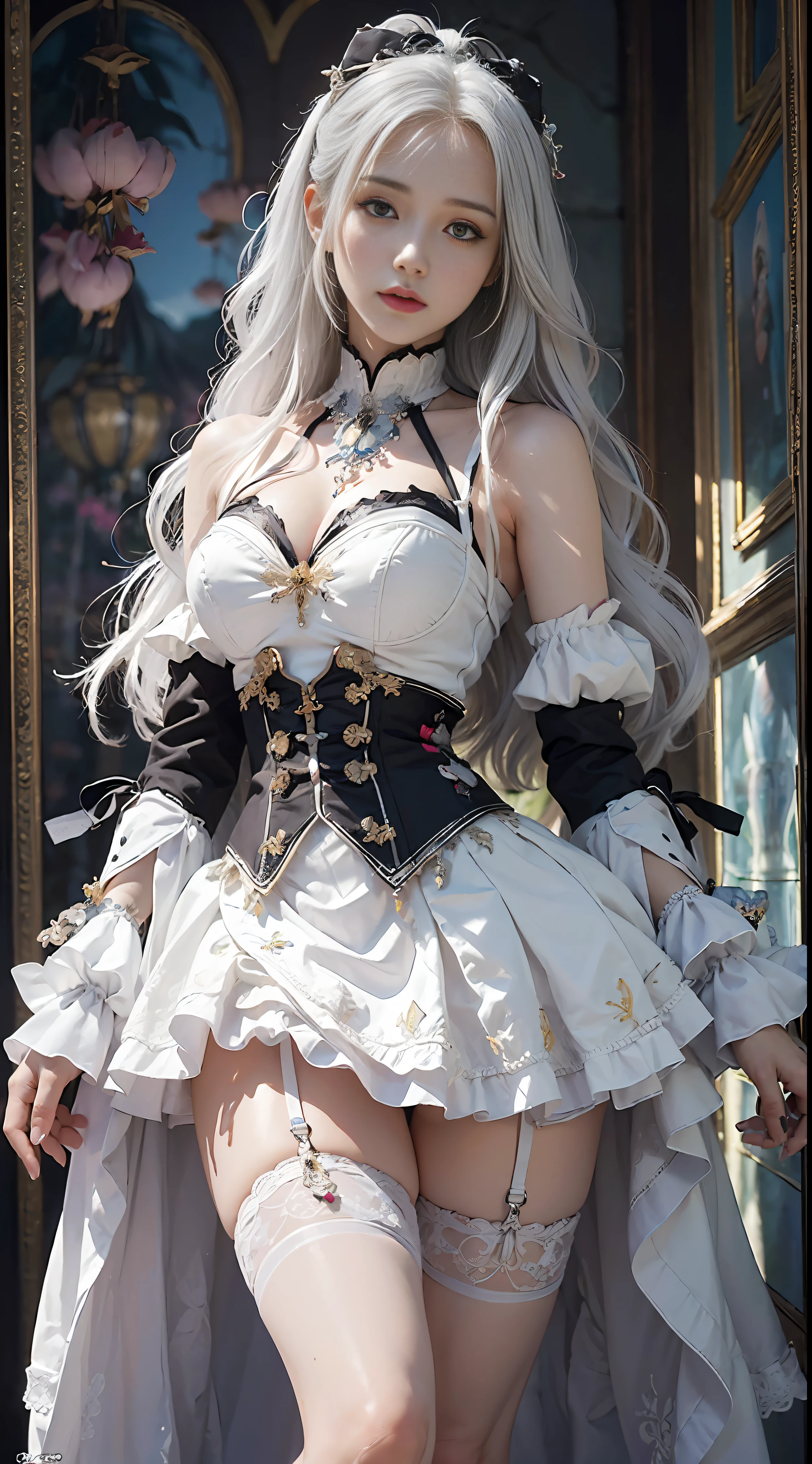 (sexual innuendo,masterpiece, top quality, best quality, official art, beautiful and aesthetic:1.2), (1girl), extreme detailed,(fractal art:1.3), colorful, highest detailed, white hair, white skirt, miniskirt,micro skirt,white gloves