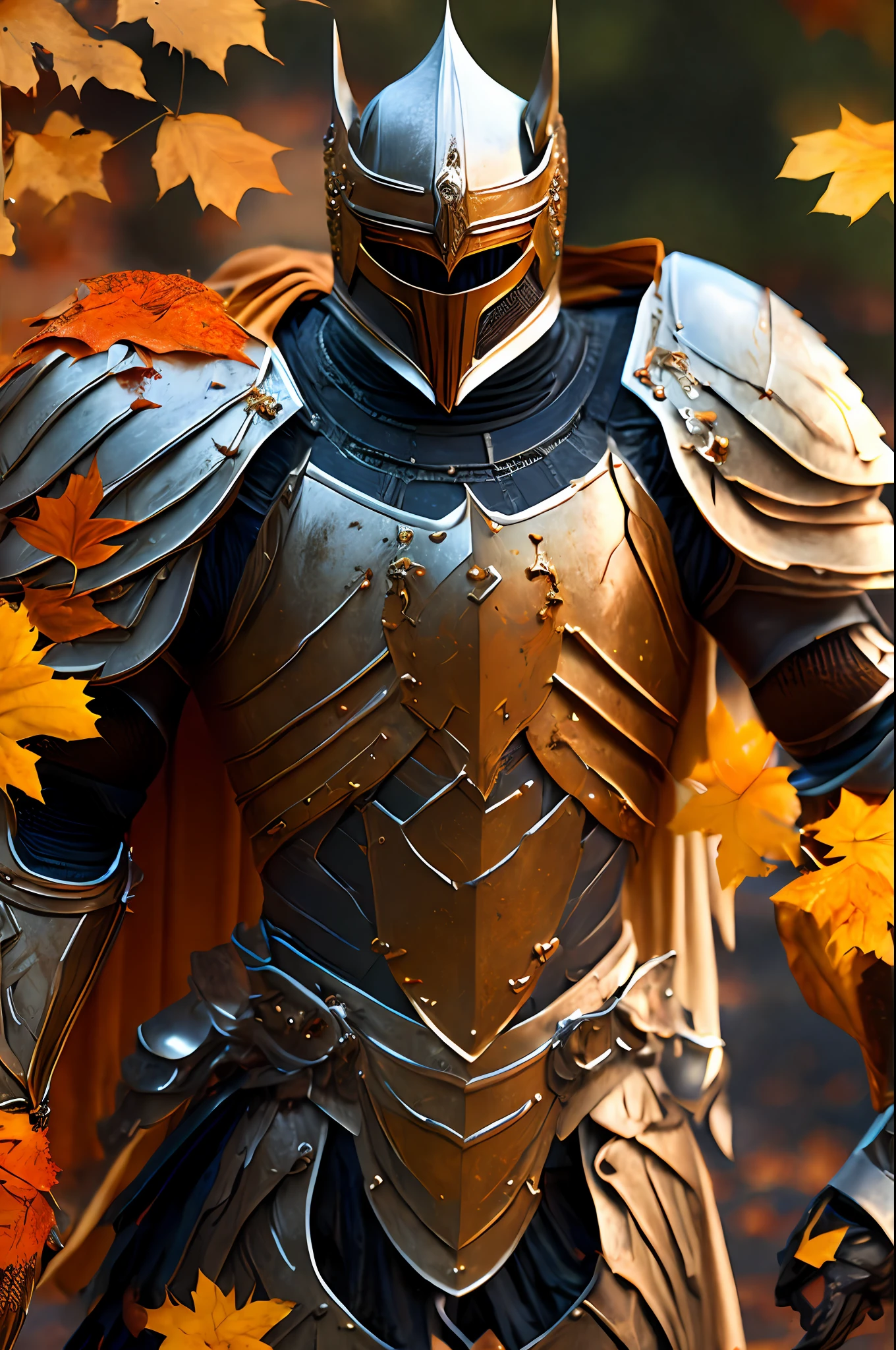 Tall Knight, Clean and detailed armor, outside , fall leaves, fallen leaves, full body, film, fine detail, 8k, subsurface scattering, (ambient lighting: 1.3),