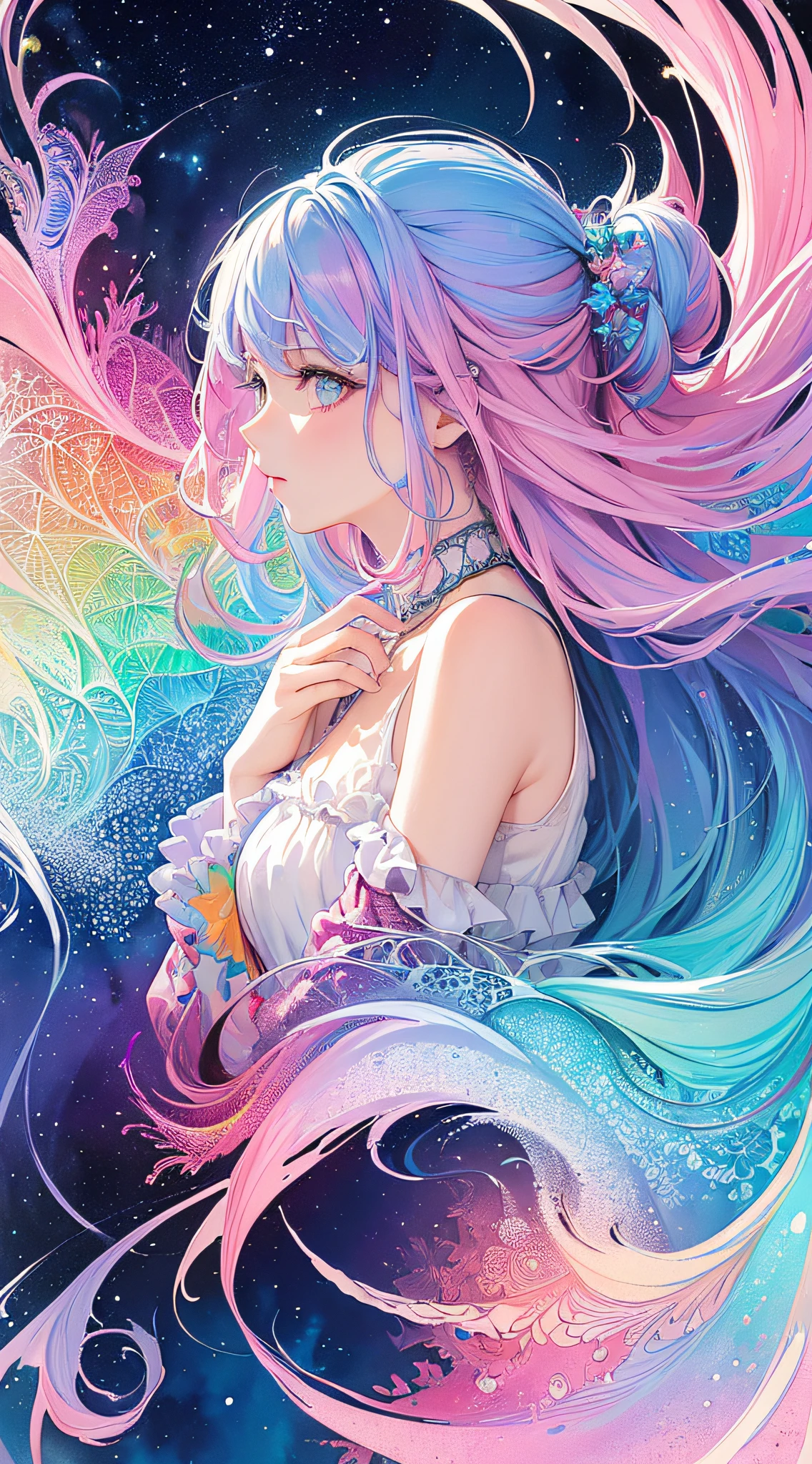 (masterpiece, top quality, best quality,watercolor (medium),official art, beautiful and aesthetic:1.2),(1girl:1.3), (fractal art:1.3),upper body, from side, looking at viewer,patterns,(rainbow color Hair,colorful hair,half blue and half pink hair:1.2),water,liquid, cloud,colorful, starry,stars,