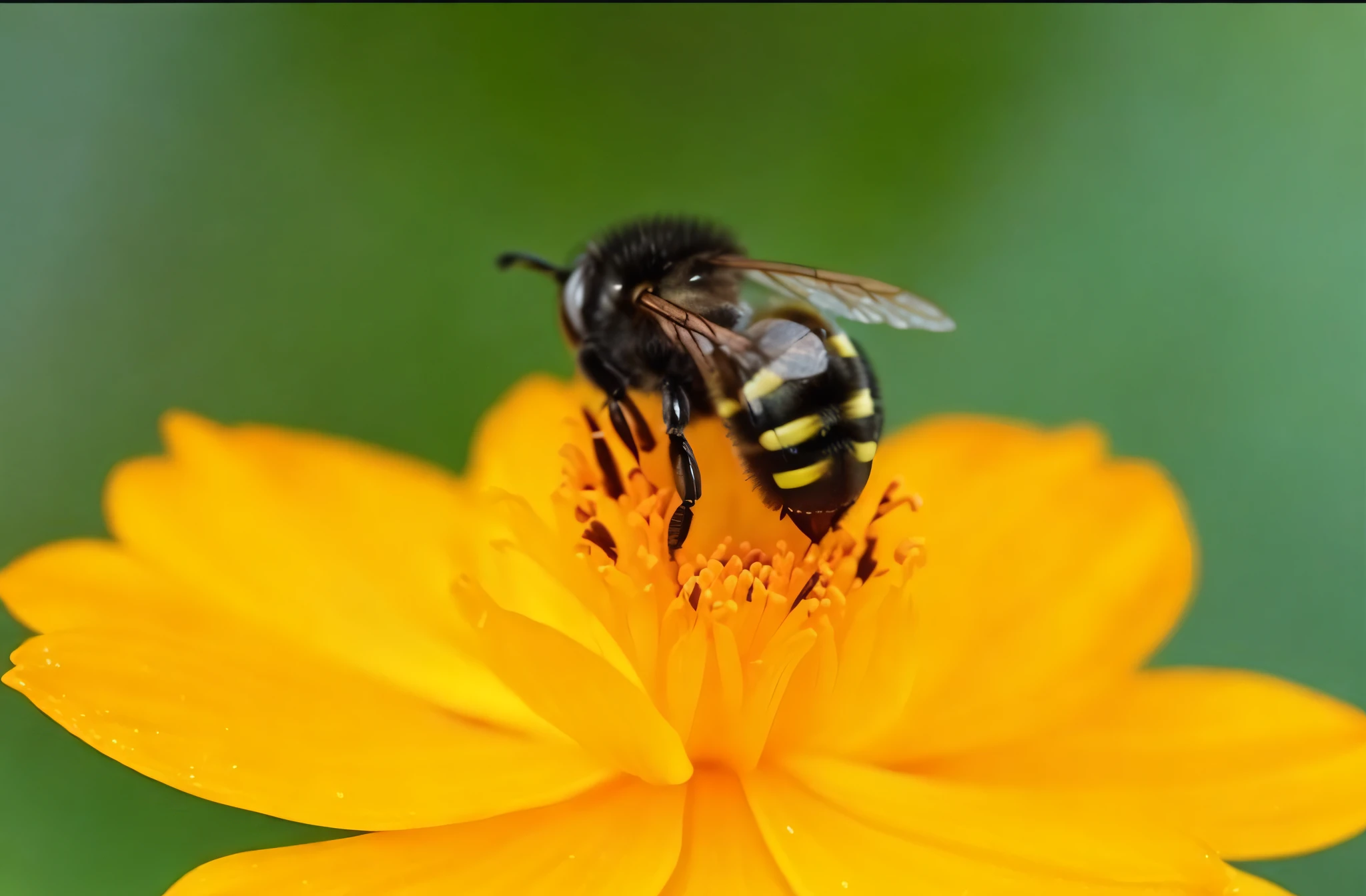 a closeup of a stingless bee (Stingless bee) on a yellow flower with a green background, (bee), bee, pollen, by Niko Henrichon, bumblebee, big bee, by Abraham van Beijeren, by Jan Rustem, profile picture, bees, by Robert Brackman, yellow and black color scheme, black and yellow colors, macrophoto, black and yellow color scheme --auto --s2