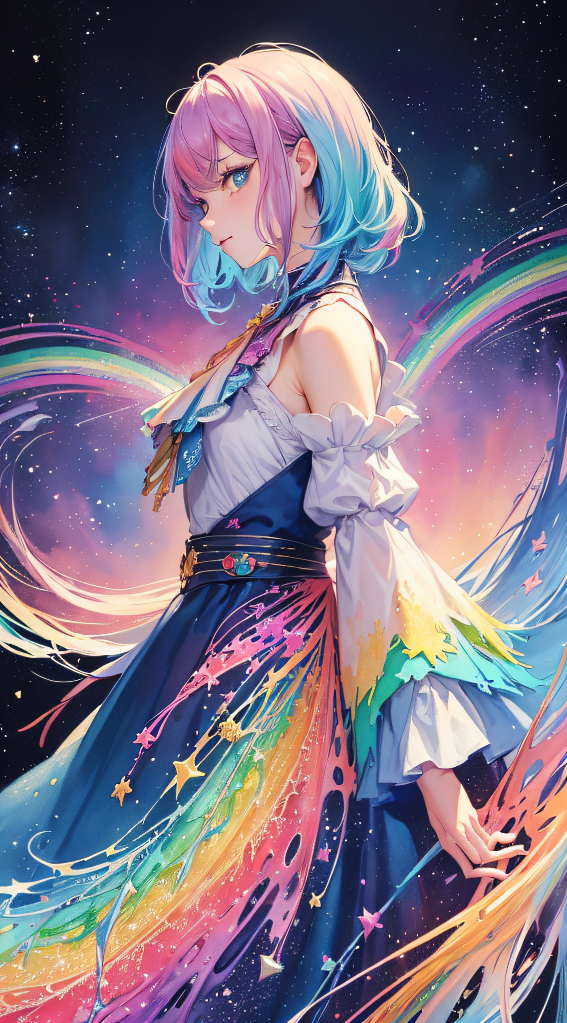 (masterpiece, top quality, best quality,watercolor (medium),official art, beautiful and aesthetic:1.2),(1girl:1.3), (fractal art:1.3),upper body, from side, looking at viewer,patterns,(rainbow color Hair,colorful hair,half blue and half pink hair:1.2),water,liquid, cloud,colorful, starry,stars,