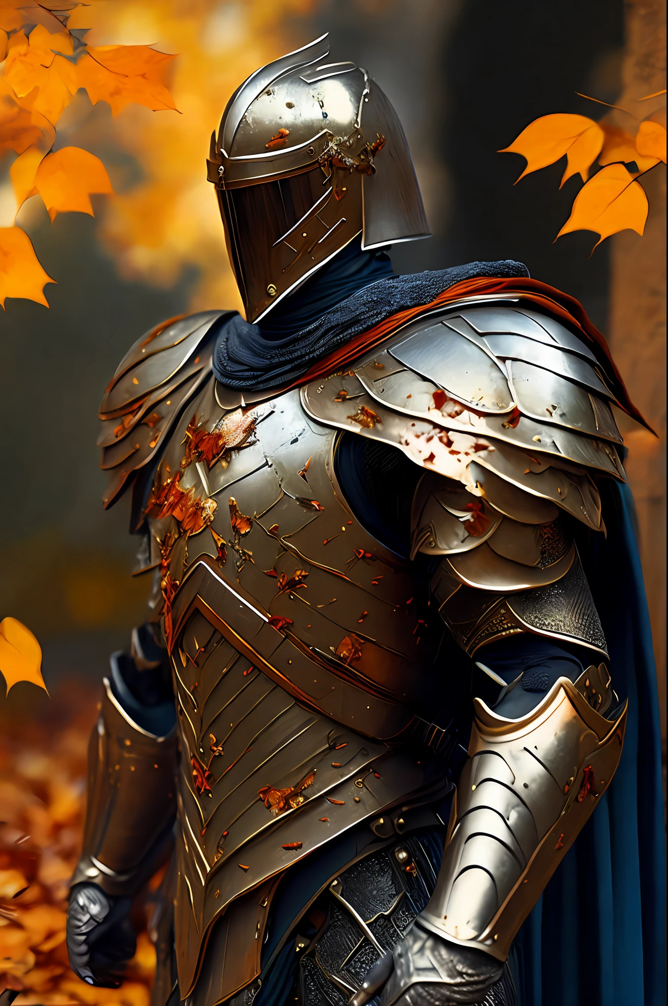 Knight, Clean and detailed armor, outside , fall leaves, fallen leaves, full body, film, fine detail, 8k, subsurface scattering, (ambient lighting: 1.3),