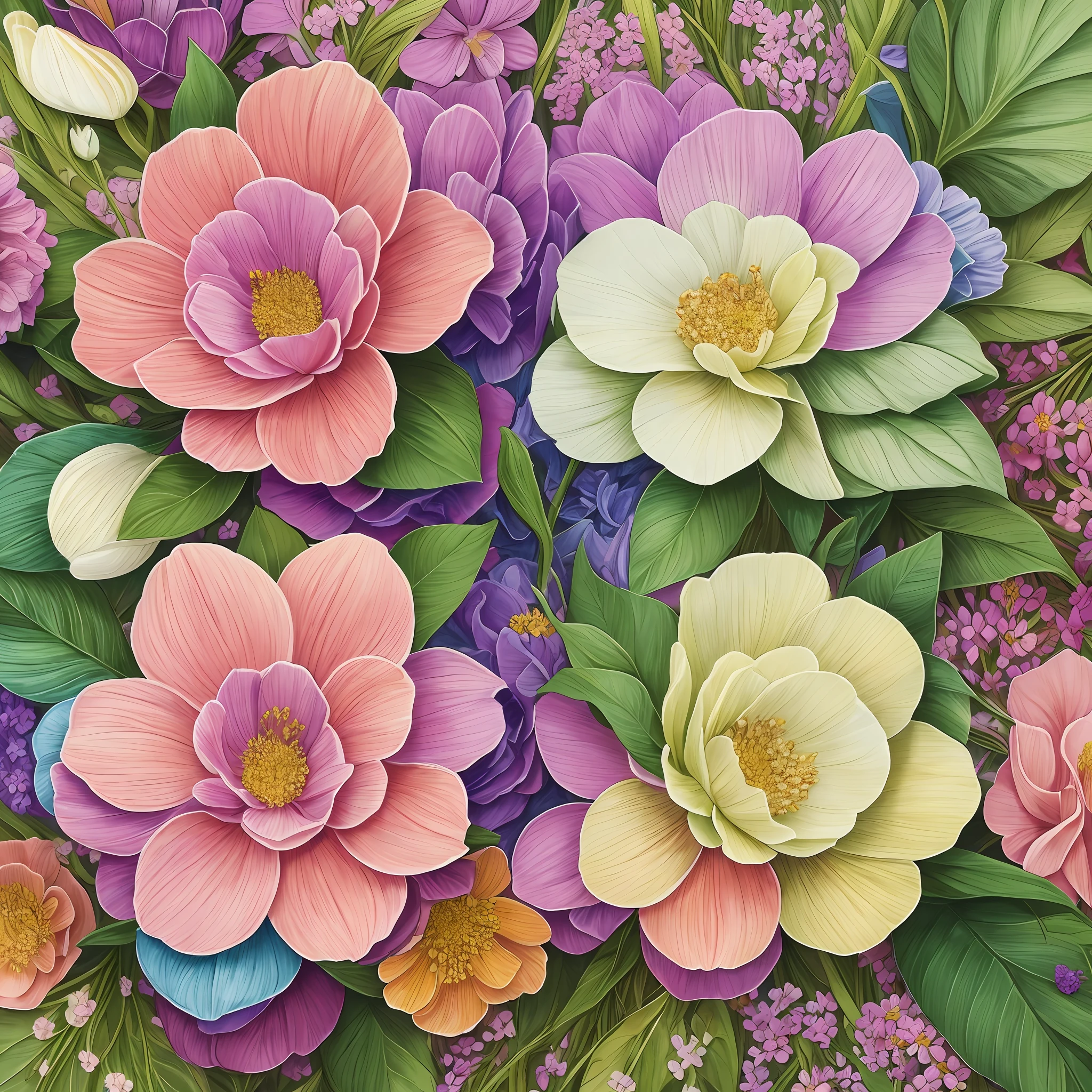 "The magic of flowers": Create a detailed botanical illustration with lush flowers in a realistic style. Use a palette of vibrant colors and delicate textures to capture the beauty and delicacy of the flowers. --auto --s2