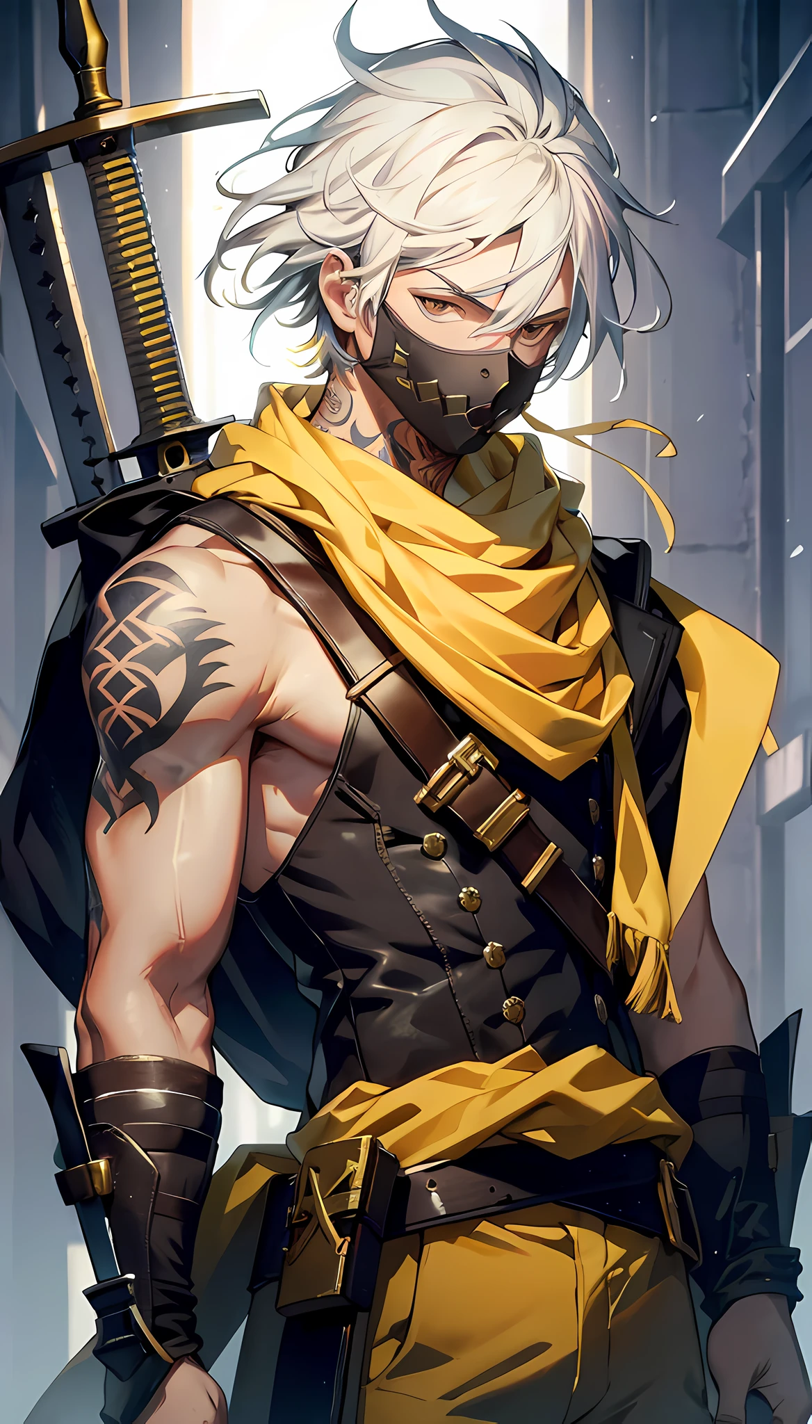 (absurdres, highres, ultra detailed), masterpiece, best quality, solo, a boy with white hair, ((yellow sleeveless outfit)), black scarf, mask, carry two swords, tattoo, from below, look down, dark background,