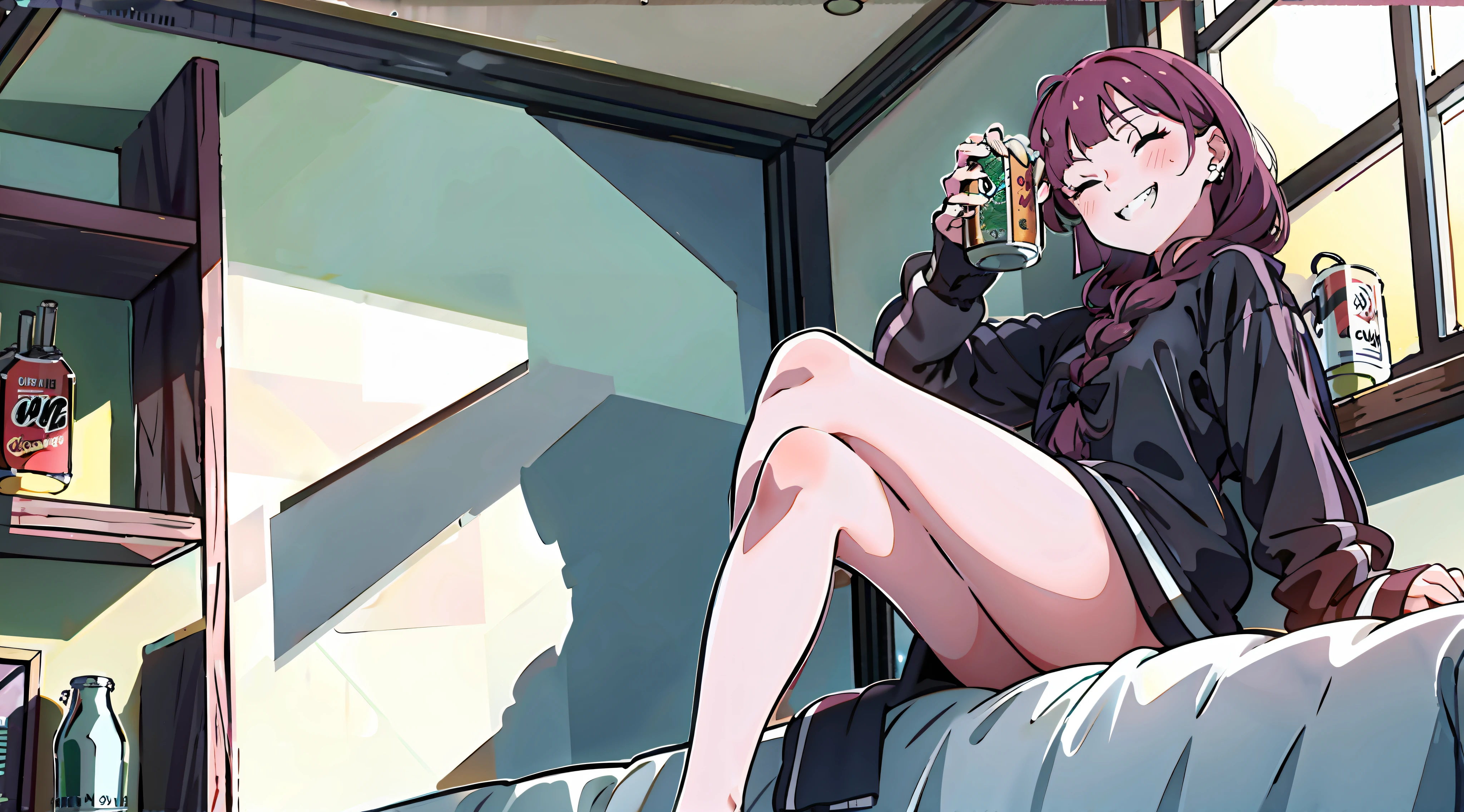 Top quality, high_resolution, distinct_image, detailed background, dark hair, Dutch angle, drunk, drunk, bedroom, windowsill, anime, upper eyes, bare feet, slender figure, showing teeth and smiling (eyes closed), crossed legs, on bed, sitting with legs crossed, overhead view, can of beer, children's room, night, black hair, Black jersey (pink line)