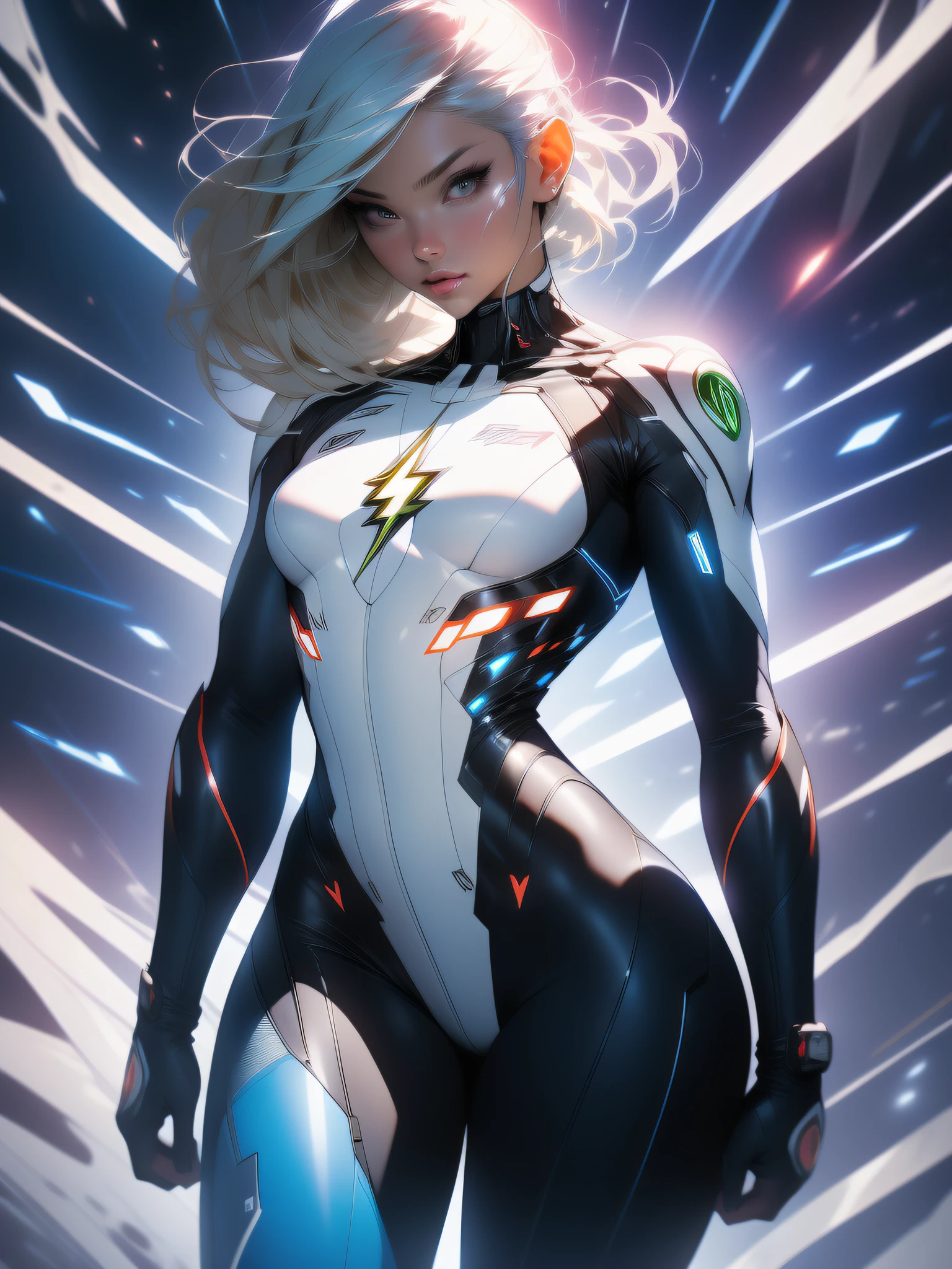 ((Best quality)), ((masterpiece)), (detailed: 1.4), (Absurd), Hot Latina woman fighter pilot ready for war, dark skin, (((flash dc comics)))), lightning and lightning, muscular sculptural body defined, (((full body))), half-thick naked thighs, closed mouth, muscular body covered in technological clothing, Neon Genesis Evangelion style, cyberpunk, generous neckline, ((perfect small breasts)), (black eyes without pupils),  ((totally white clothing with blue rays)), (((short dark blonde hair straight with)))), long and black eyelashes heavy makeup, garter belt, by mucha, niji --V5, near real, psychopath, crazy face, sexy pose, red and white background, 2 piece clothing, pastel, centered, scale to fit dimensions, HDR (High Dynamic Range),Ray Tracing,NVIDIA RTX,Super-Resolution, Unreal 5,Subsurface Dispersion, PBR Texture, Post-processing, Anisotropic Filtering, Depth of Field, Maximum Clarity and Sharpness, Multilayer Textures, Albedo and Specular Maps, Surface Shading, Accurate Simulation of Light-Material Interaction, Perfect Proportions, Octane Render, Two-Tone Lighting, Wide Aperture, Low ISO, White Balance, Rule of Thirds, 8K RAW, Crysisnanosuit