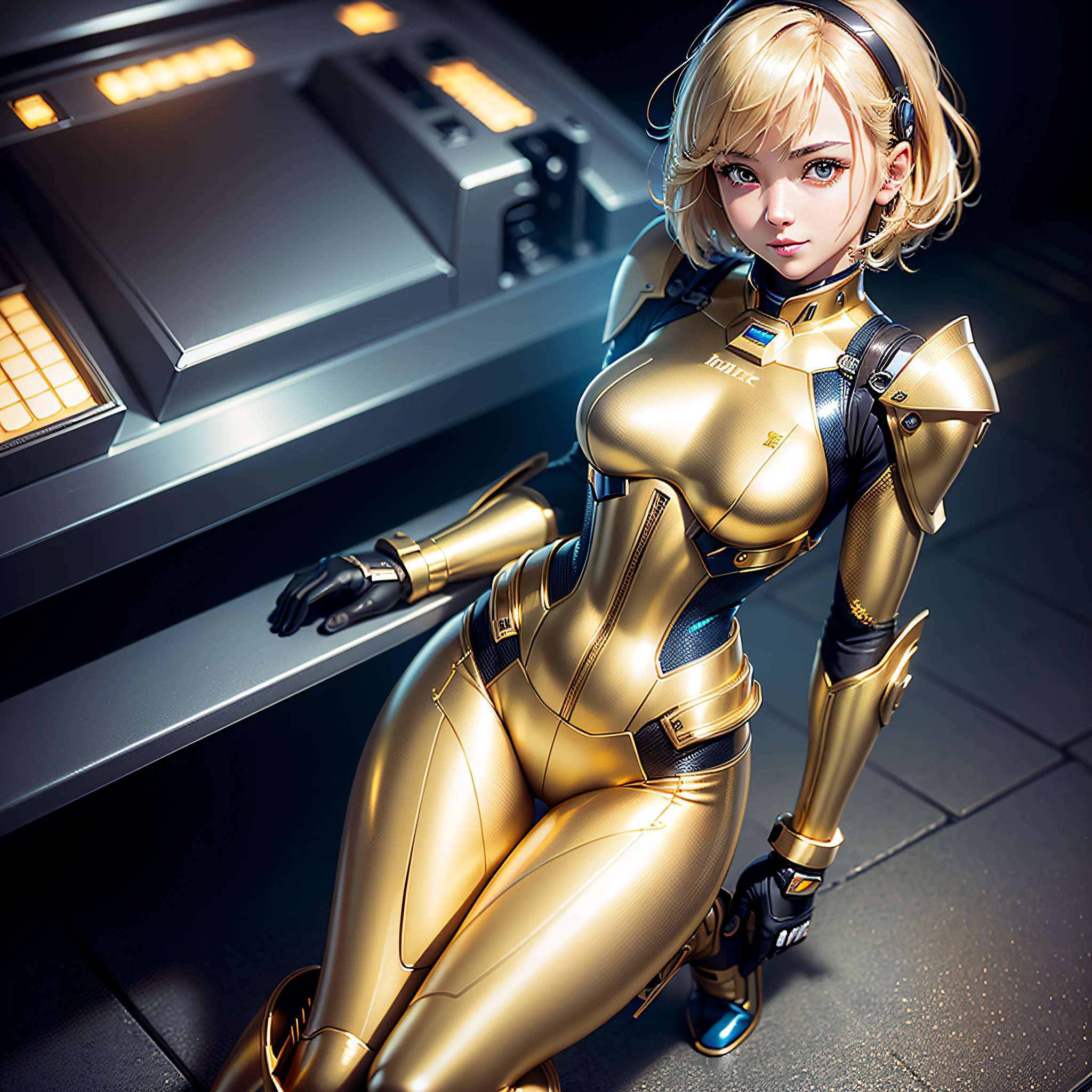 (Masterpiece, highest quality, highest resolution, distinct_image, very elaborate CG, cinematic lighting, ray tracing, drop shadows, detailed detail, (photorealistic: 1.4), high quality textures, fine-grained, realistic face expression): (single girl, face is Japan, blonde girl, short hair, small size breasts, Detailed Gundam cockpit with sparkly blue colored eyes, eye level shots, metallic gold colored flight suits, tight fitting clothes, full-body covering clothes, light smile, beauty, slim body, exoskeleton, heroine, headset, long boots, gloves, solo ride)