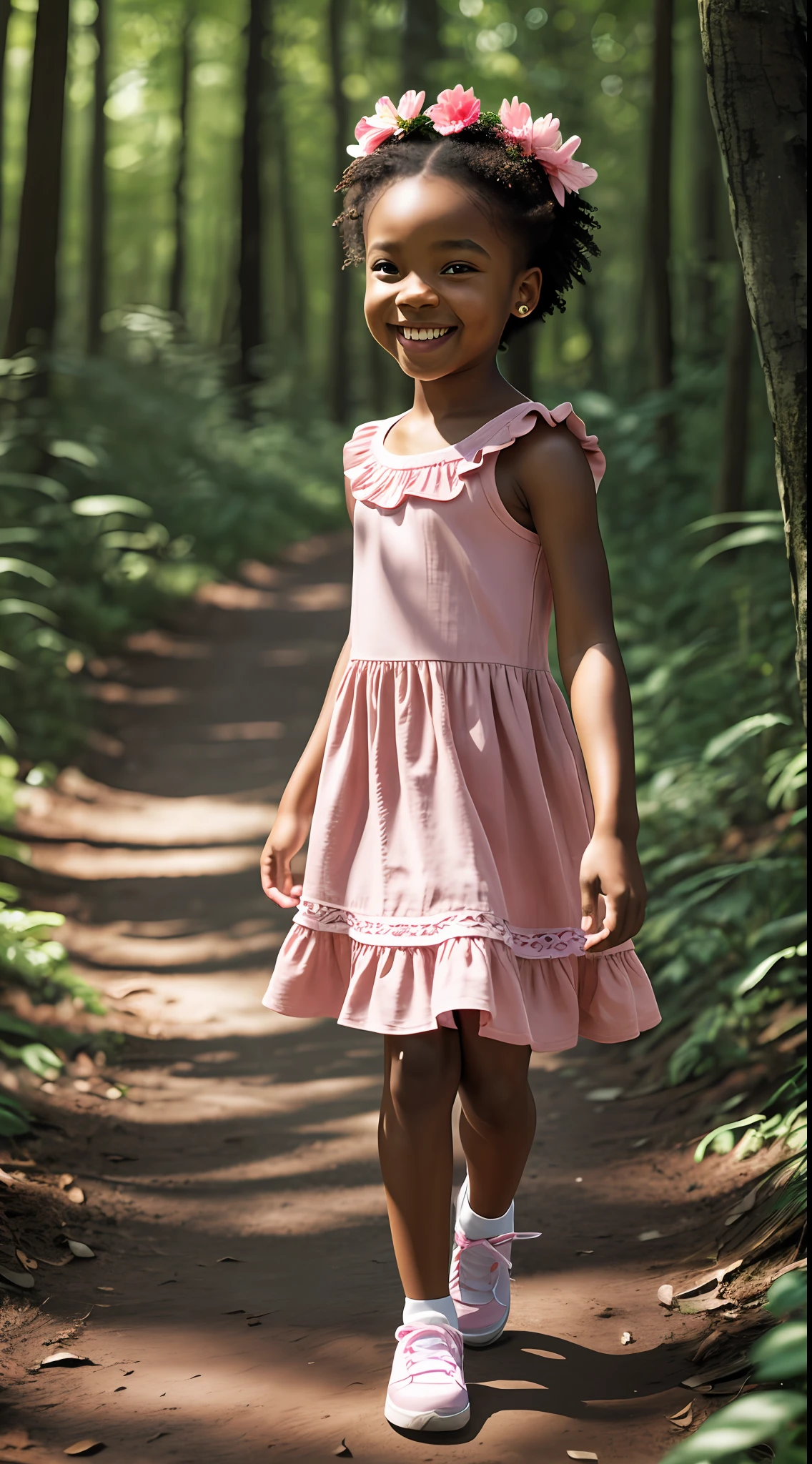 Realistic photo, ultra details, natural light ultra detailed portrait ((1)) Adorable black female child incredibly charming, pink dress, walking in the forest, with two pink flowers in the hair, smile of attack, cheerful smile, playing the forest, red flowers background, water in the background, playing, photo taken full body. The illustration is in high definition in 8K resolution, with ultra detailed facial features