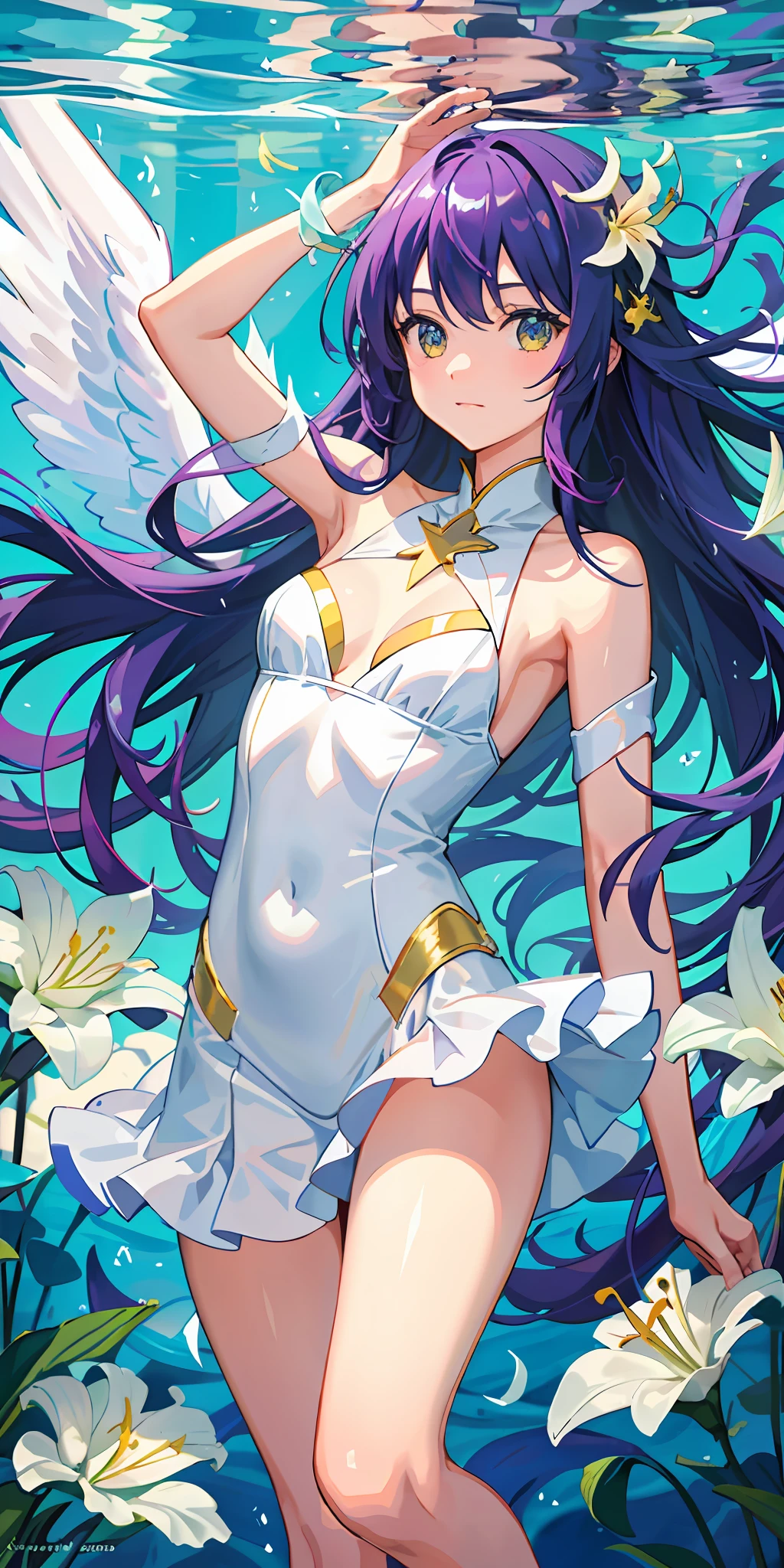 girl underwater, long purple flowing hair, angel wings, white and yellow lily flowers