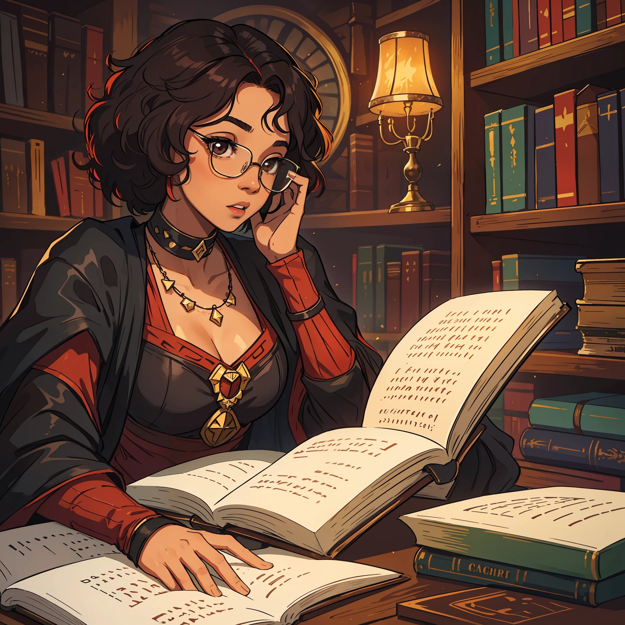 A young teenage girl Beautiful black woman with short curly red hair wearing a pair of glasses in a medieval library for RPG, dark black skin