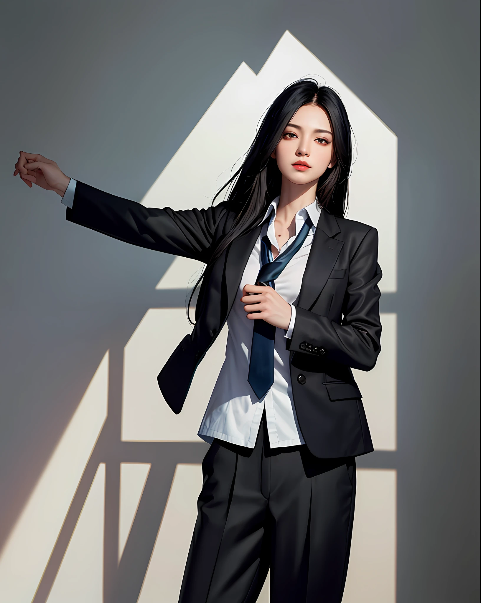 (masterpiece, best quality, 1girl, solo, fine detail, chromatic aberration), (realistic), (breath)), (black hair), detailed hair, black head ornament, blue highlights, hair in one eye, killer, black eye, sharp eye, full body portrait, ((black blazer)), shirt, tie, (pants), (symmetrical eyes), (perfectly symmetrical body), night, ((natural light)), backlight, against gray walls, dim lighting, looking at the audience, ((centered, viewed from front, (full)))