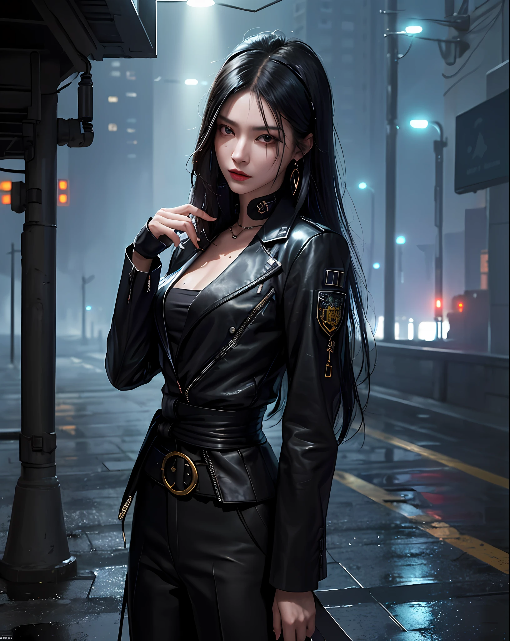 (masterpiece, best quality, 1girl, solo, fine detail, chromatic aberration), (realistic), ((breath)), (black hair, blut bliang), detailed hair, black head ornament, blue highlights, hair in one eye, killer, black eye, small earrings, sharp eye , full body portrait, ((black blazer)), underneath shirt, (pants), (symmetrical eyes), (perfectly symmetrical body), night, (((natural light)), backlight, dim lighting, looking at the audience, ((centered, viewed from the front, (face and waist))), glowing katana, futuristic cyberpunk night city, futuristic techno-infused clothing, cyberpunk city guard, katana behind back, long hair, black hair, black eyes, , (City Guardian: 1.2), Gacha Splash, (Harsh City Environment: 1.3), (Determination and Bravery: 1.2), Masterpiece, Cyberpunk Style with Chinese Influence, Headband, Car Accident, Night, Rain, Puddles, Cyberpunk Lights, Extreme Detail,,, (Long Hair: 1.3)