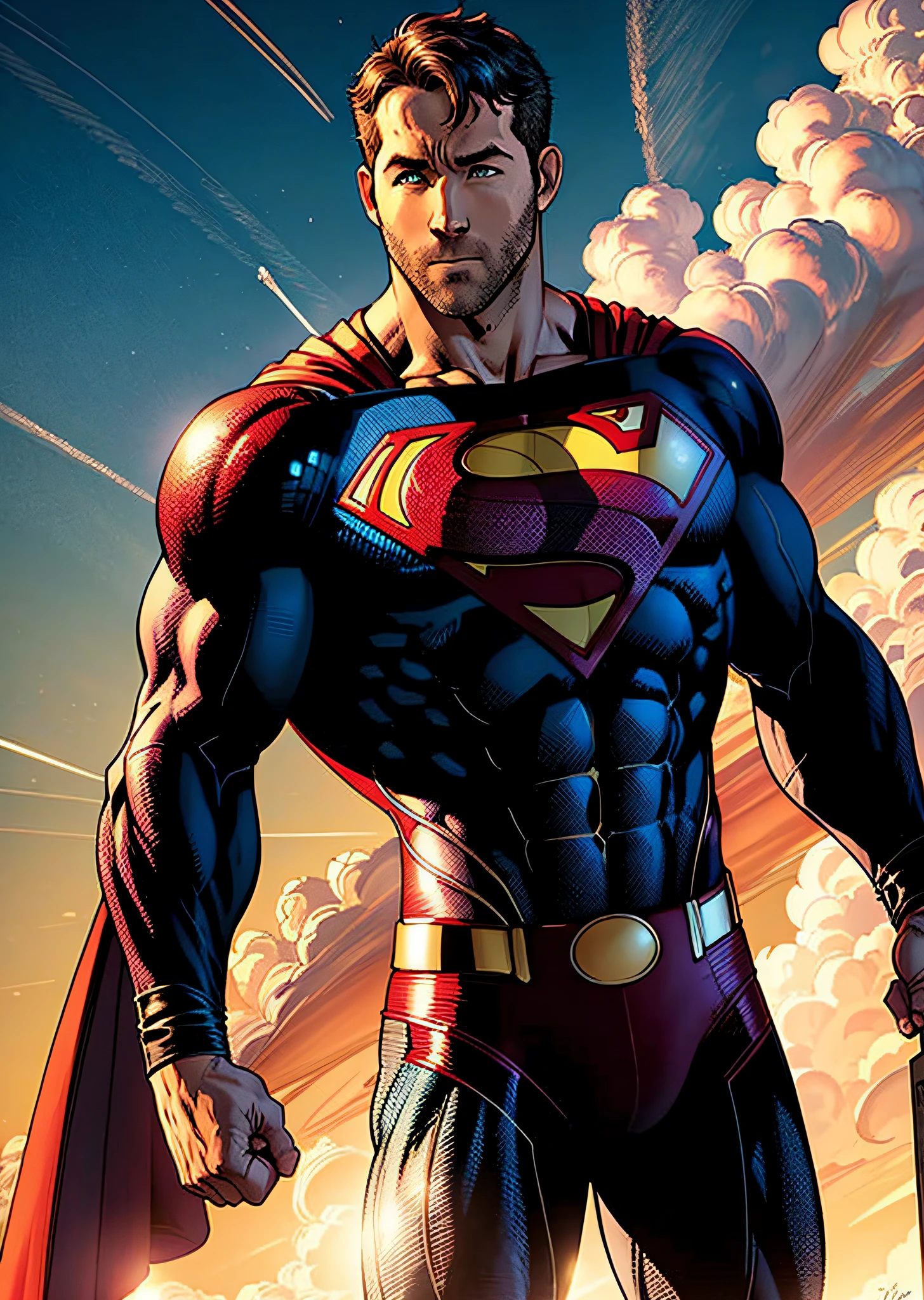 (Ryan Reynolds as Superman), (Art by Jim Lee) magnificent sky background, dramatic, gorgeous, award winning, masterpiece,