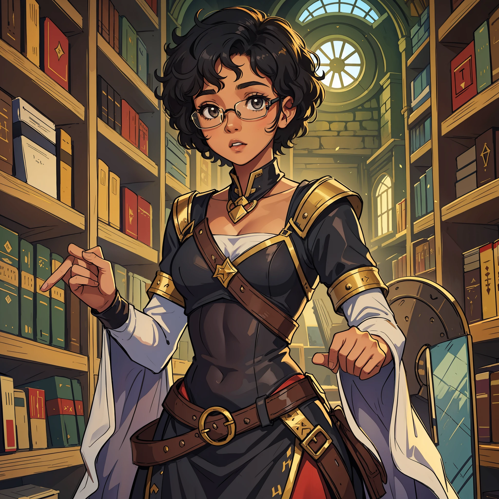 A young teenage girl, beautiful black woman with short curly hair and glasses in a medieval RPG library