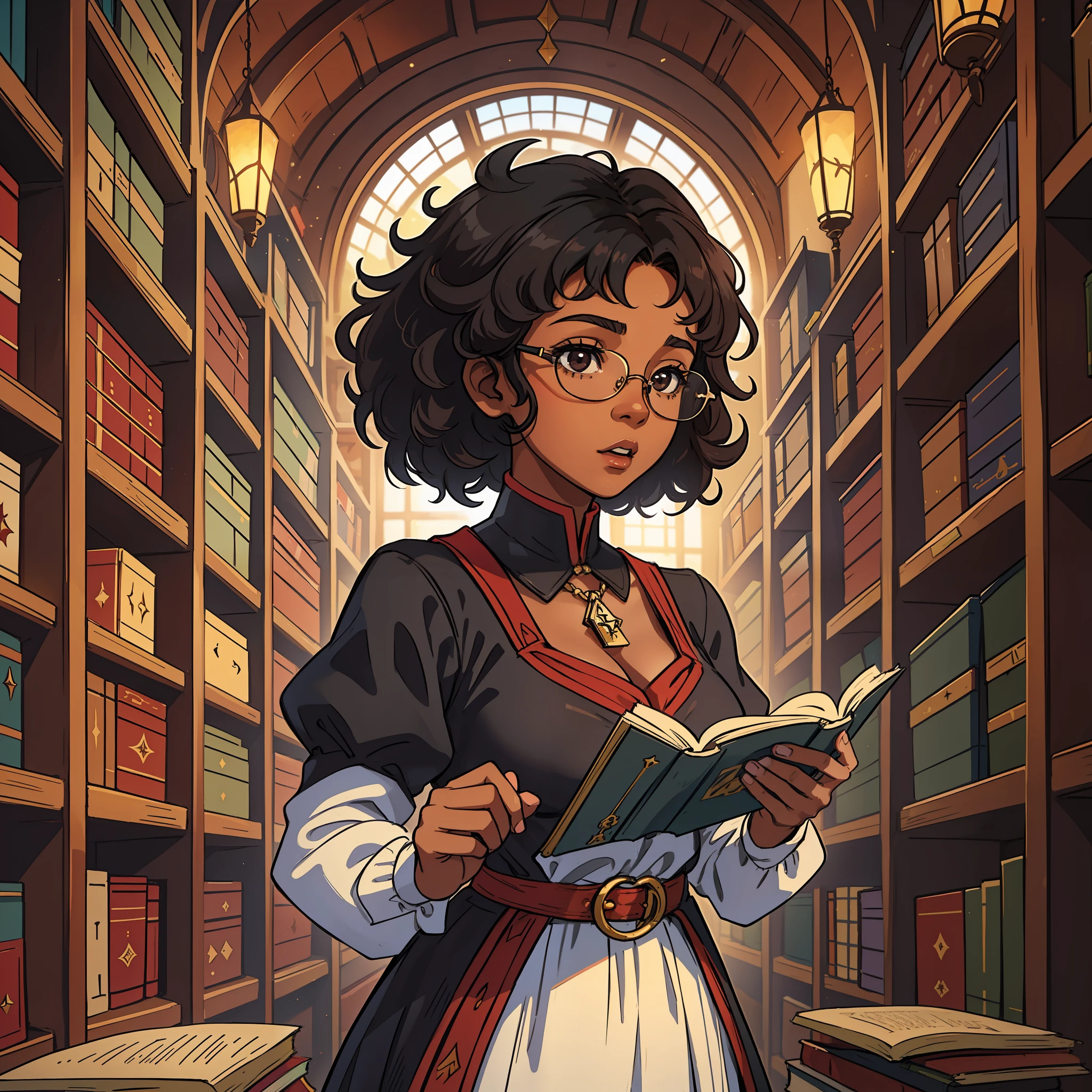 A young teenage girl Beautiful black woman with short curly red hair wearing a pair of glasses in a medieval library for RPG, dark black skin