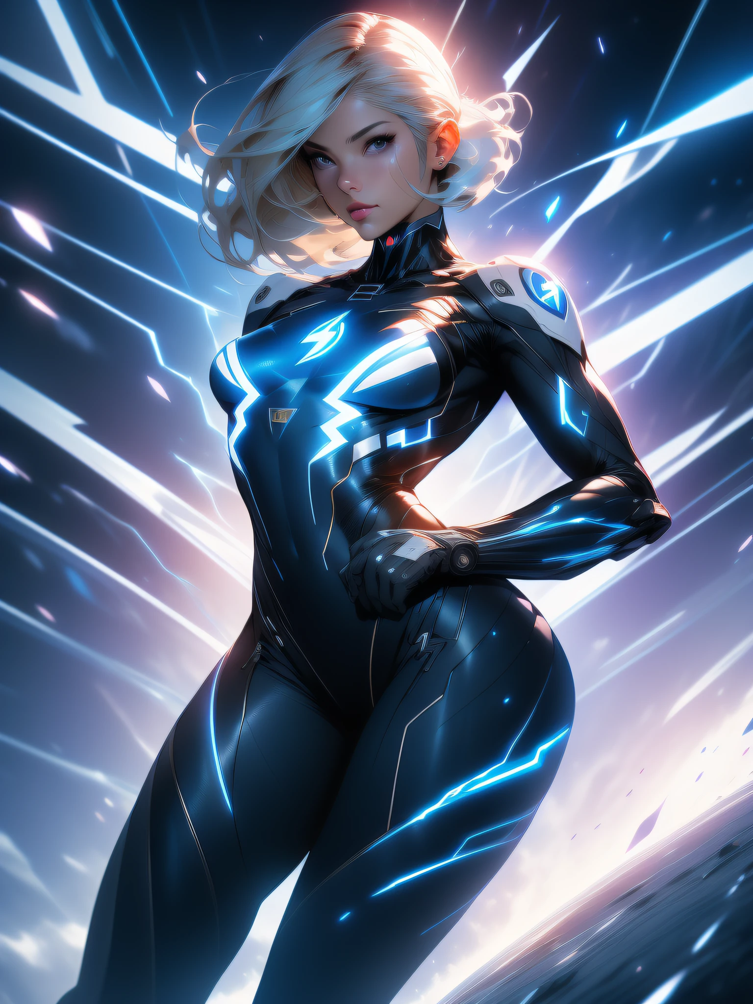 ((Best quality)), ((masterpiece)), (detailed: 1.4), (Absurd), Hot Latina woman fighter pilot ready for war, dark skin, (((flash dc comics)))), lightning and lightning, muscular sculptural body defined, (((full body))), half-thick naked thighs, closed mouth, muscular body covered in technological clothing, Neon Genesis Evangelion style, cyberpunk, generous neckline, ((perfect small breasts)), (black eyes without pupils), ((totally white clothing with blue rays)), (((short dark blonde hair straight with)))), long and black eyelashes heavy makeup, garter belt, by mucha, niji --V5, near real, psychopath, crazy face, sexy pose, red and white background, 2 piece clothing, pastel, centered, scale to fit dimensions, HDR (High Dynamic Range),Ray Tracing,NVIDIA RTX,Super-Resolution, Unreal 5,Subsurface Dispersion, PBR Texture, Post-processing, Anisotropic Filtering, Depth of Field, Maximum Clarity and Sharpness, Multilayer Textures, Albedo and Specular Maps, Surface Shading, Accurate Simulation of Light-Material Interaction, Perfect Proportions, Octane Render, Two-Tone Lighting, Wide Aperture, Low ISO, White Balance, Rule of Thirds, 8K RAW, Crysisnanosuit