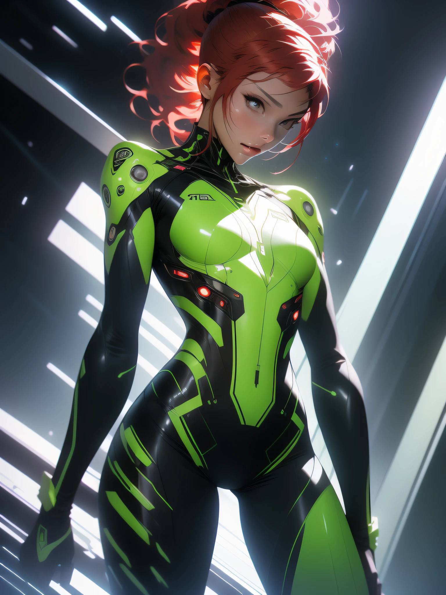 ((Best quality)), ((masterpiece)), (detailed: 1.4), (Absurd), Hot Latin woman fighter pilot ready for war, dark skin, lightning and lightning, muscular sculptural body defined, (((full body)))), bare half-thick thighs, closed mouth, muscular body covered in green technological clothing, Neon Genesis Evangelion style, cyberpunk, generous neckline, ((perfect small breasts)), (black eyes without pupils), ((totally green outfit with white rays)), (((short straight dark red hair with ponytail)))), long black eyelashes heavy makeup, garter belt, by mucha, niji --V5, close to real, psychopath, crazy face, sexy pose, red and white background, 2 piece clothing, pastel, centered, scale to fit dimensions, HDR (High Dynamic Range),Ray Tracing,NVIDIA RTX,Super-Resolution,Unreal 5,Subsurface dispersion, PBR Texture, Post-processing, Anisotropic filtering, Depth of field, Maximum clarity and sharpness, Multilayer textures, Albedo and specular maps, Surface shading, Accurate simulation of light-material interaction, Perfect proportions, Octane Render, Two-tone lighting, Wide aperture, Low ISO, White balance, Rule of thirds, 8K RAW, crysisnanosuit